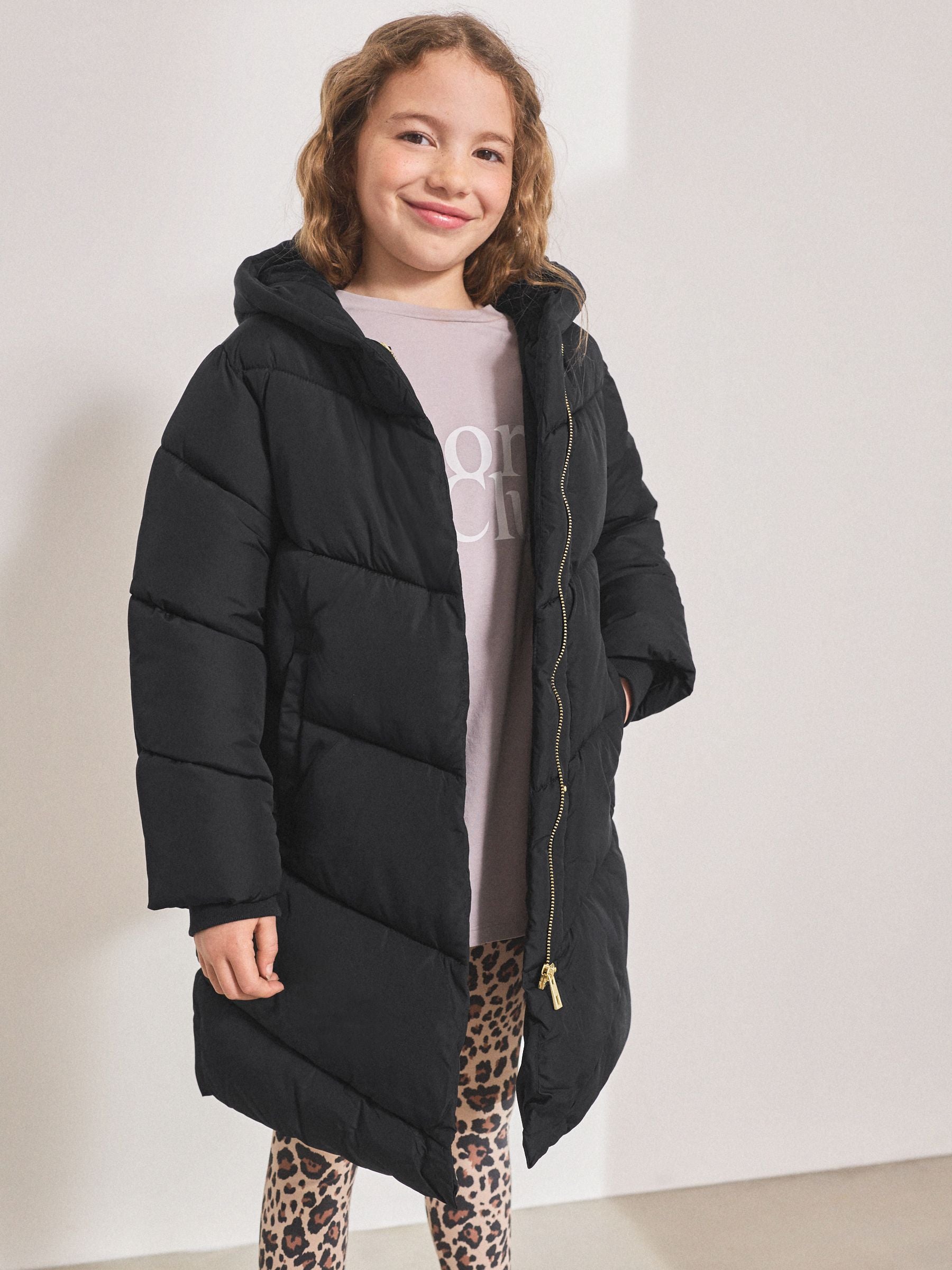 Black Regular Length Shower Resistant Faux Fur Lined Hooded Padded Coat (3-16yrs)