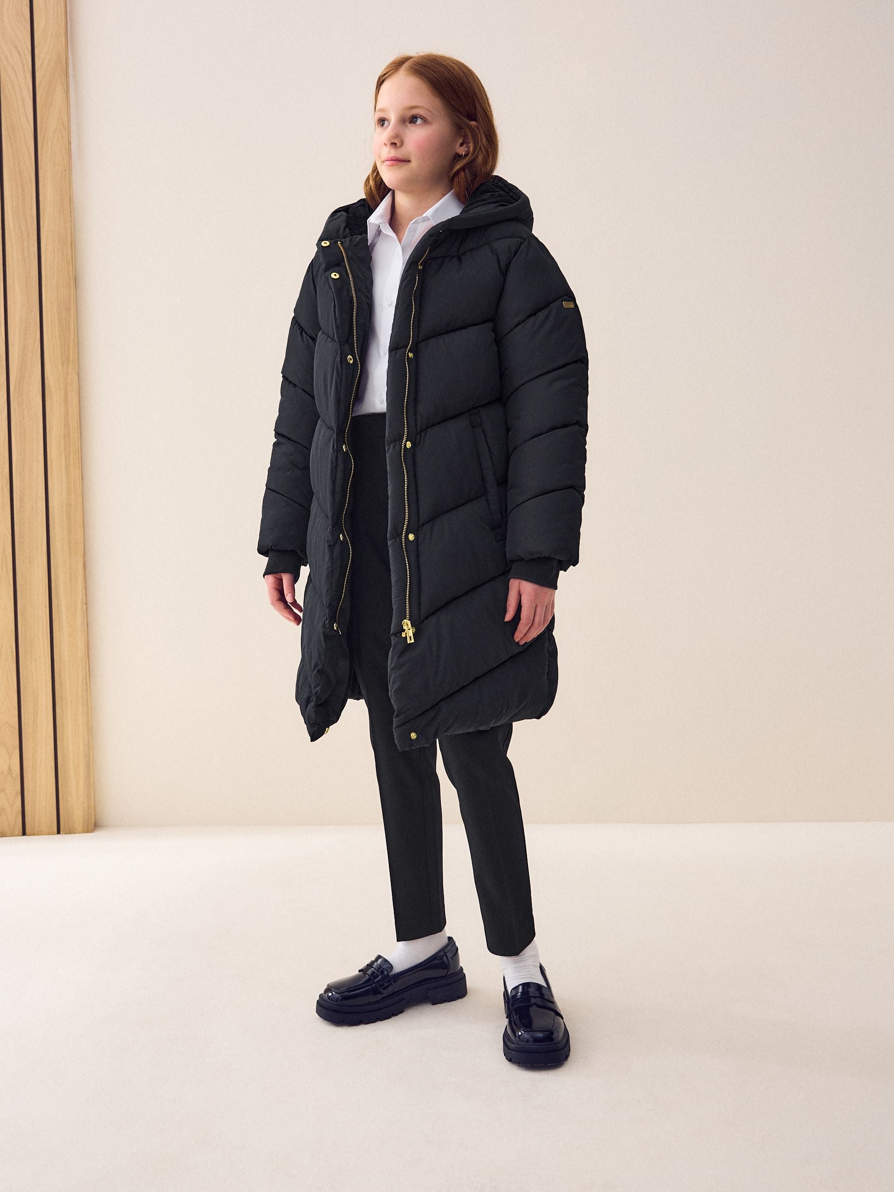 Black Regular Length Shower Resistant Faux Fur Lined Hooded Padded Coat (3-16yrs)