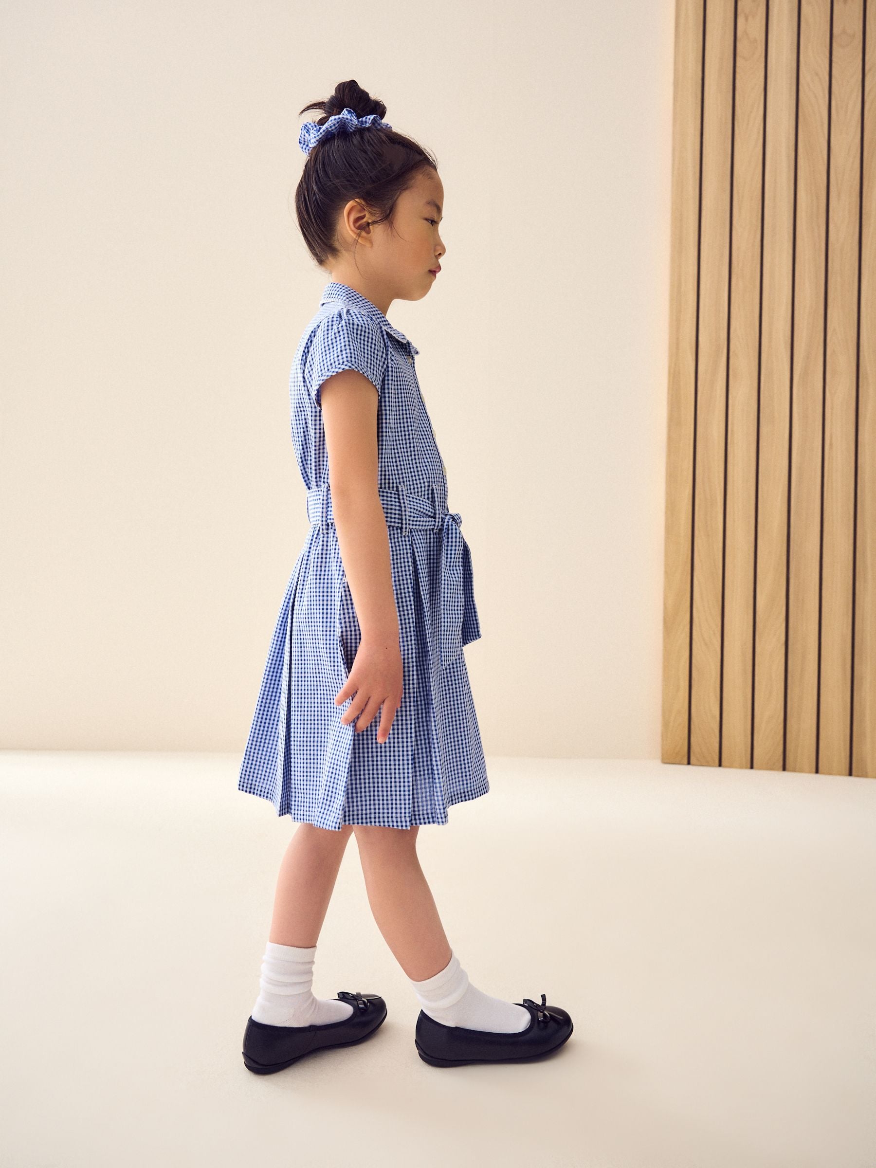 Mid Blue Gingham Cotton Rich Belted School Dress with Scrunchie (3-14yrs)