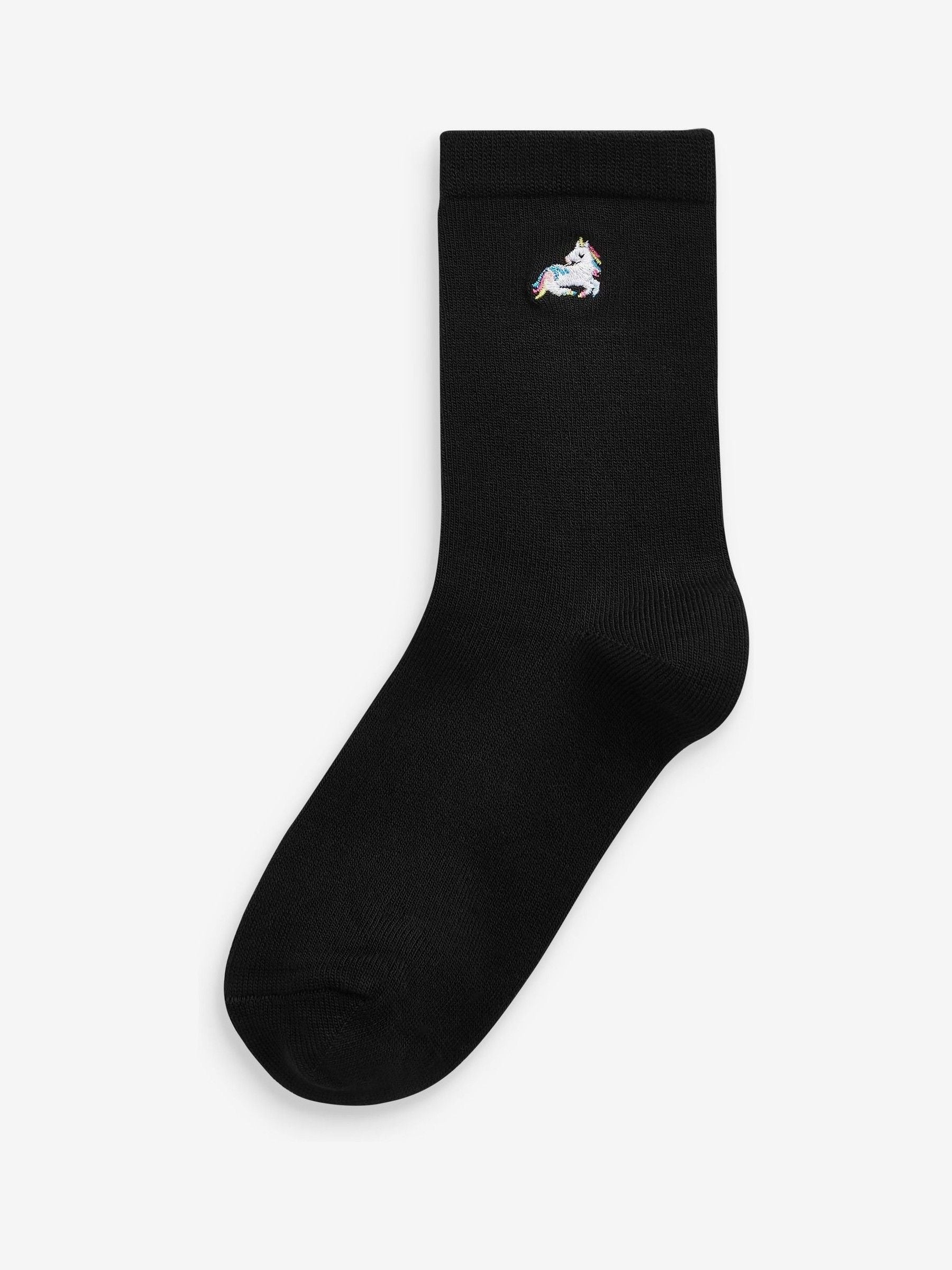 Black 5 Pack Unicorn Embroidered Ankle Socks