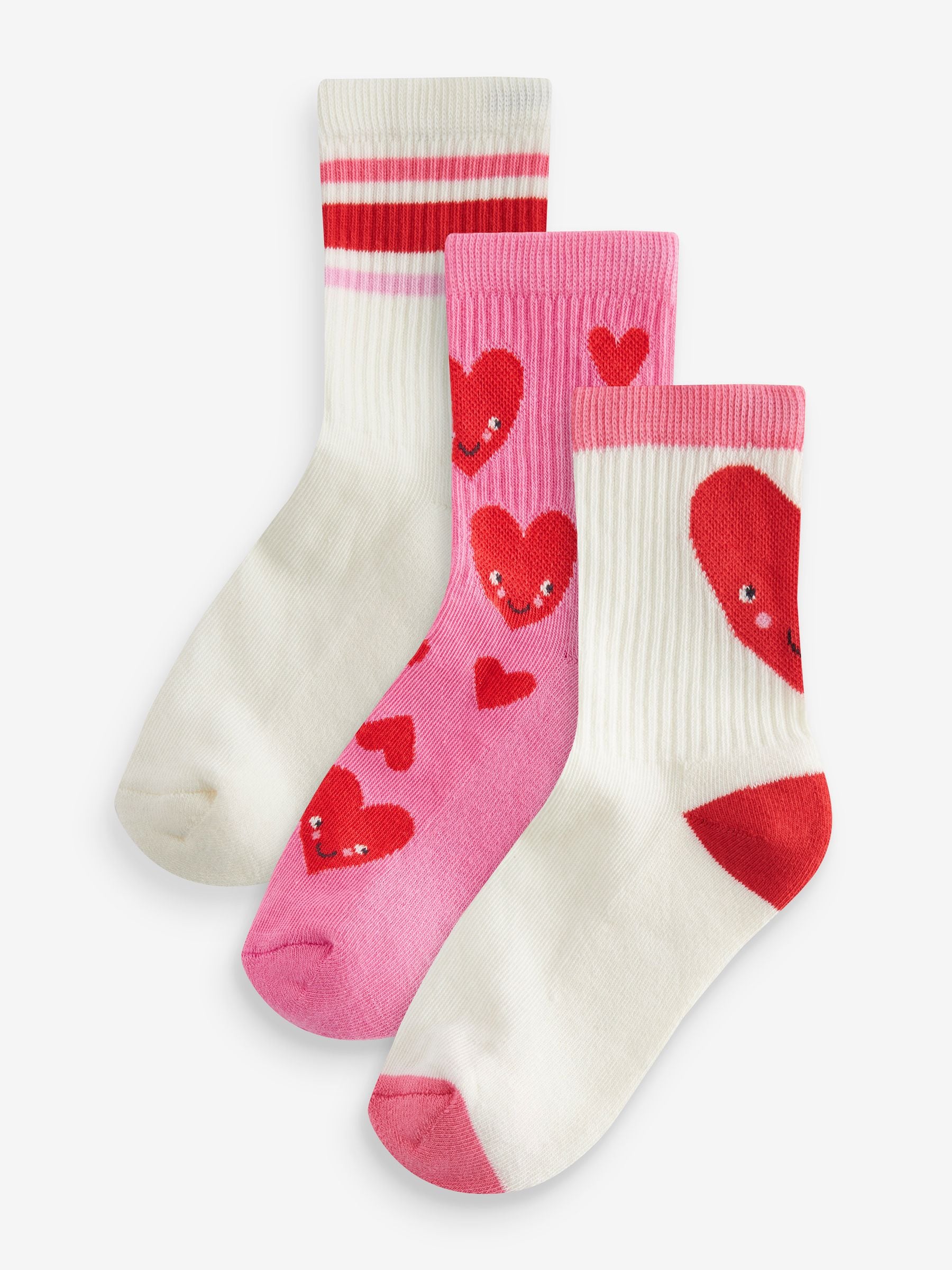 Pink/White Heart Regular Length 3 Pack Cotton Rich Cushioned Sole Ankle Socks