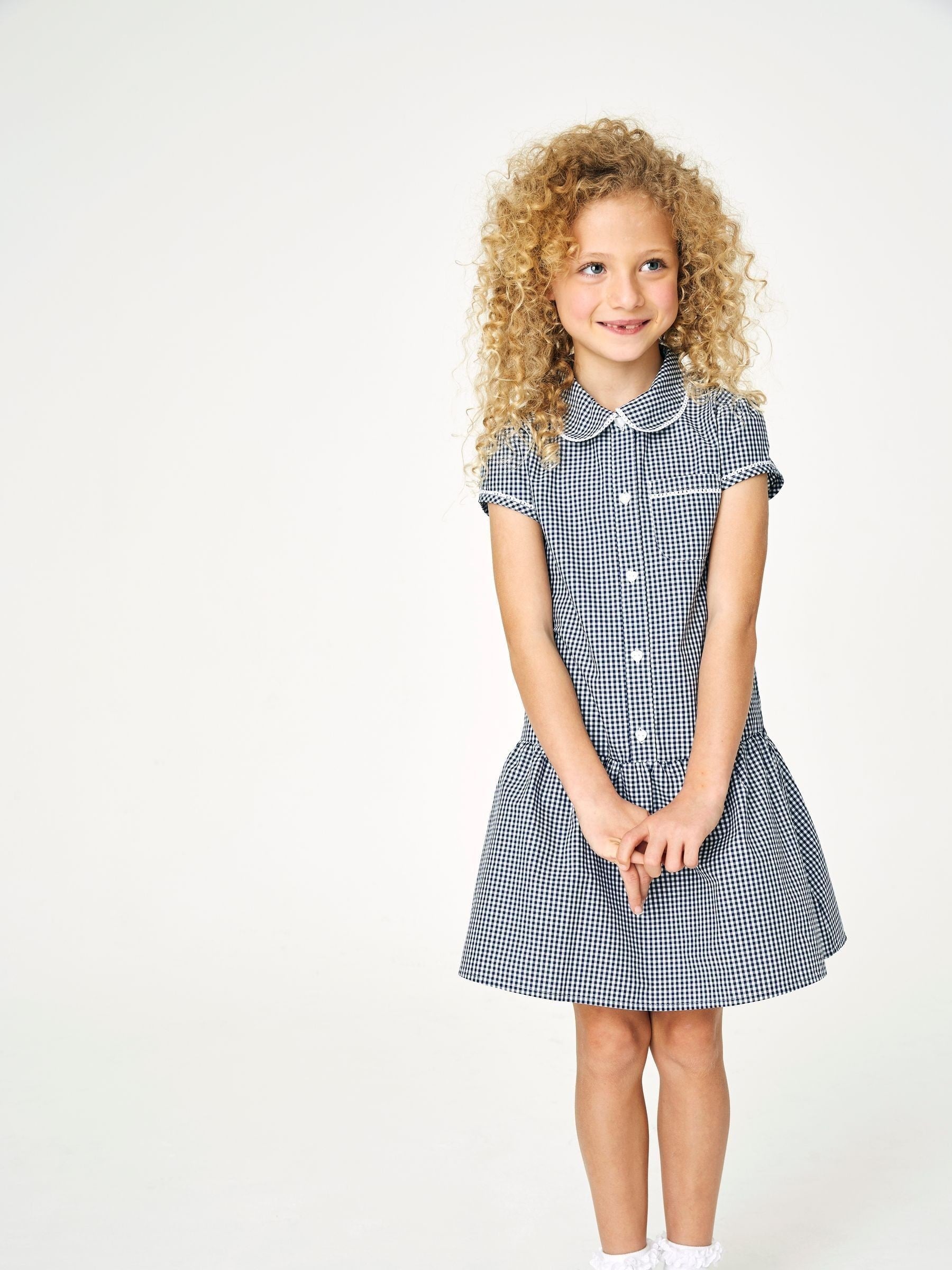 Navy Cotton Rich Drop Waist Gingham School Dress (3-14yrs)