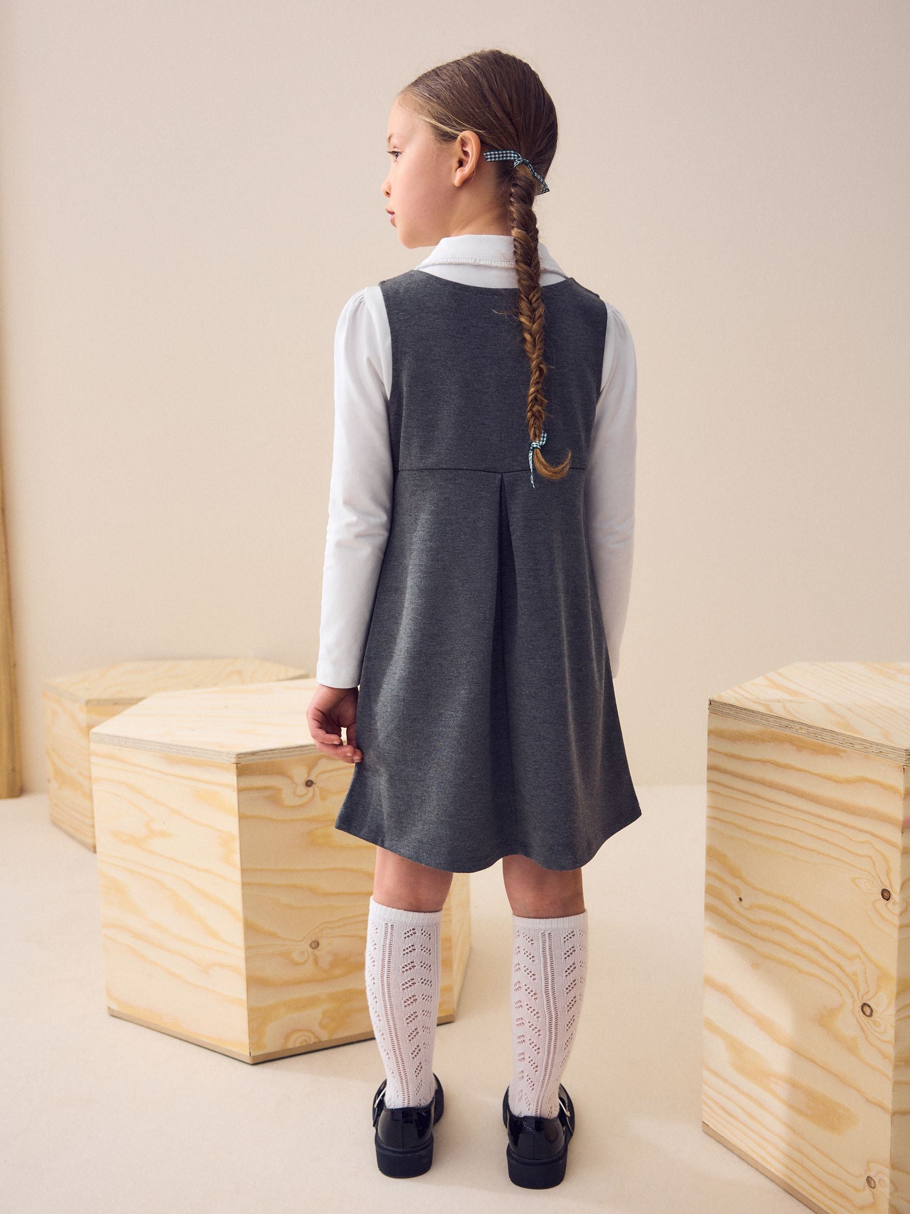 Grey Jersey Stretch Bow School Pinafore (3-14yrs)