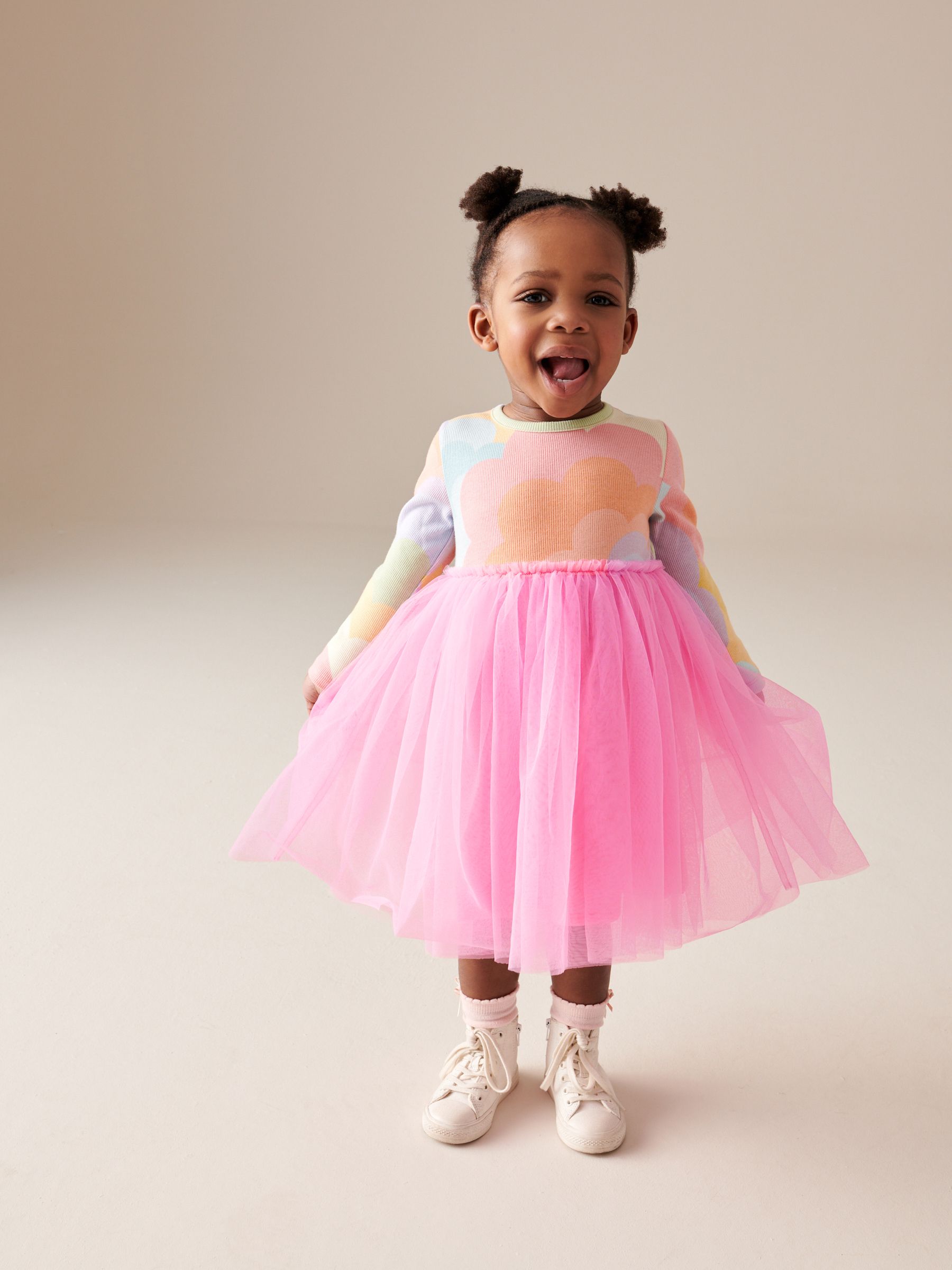 Pink Rainbow Long Sleeve Mesh Dress (3mths-7yrs)