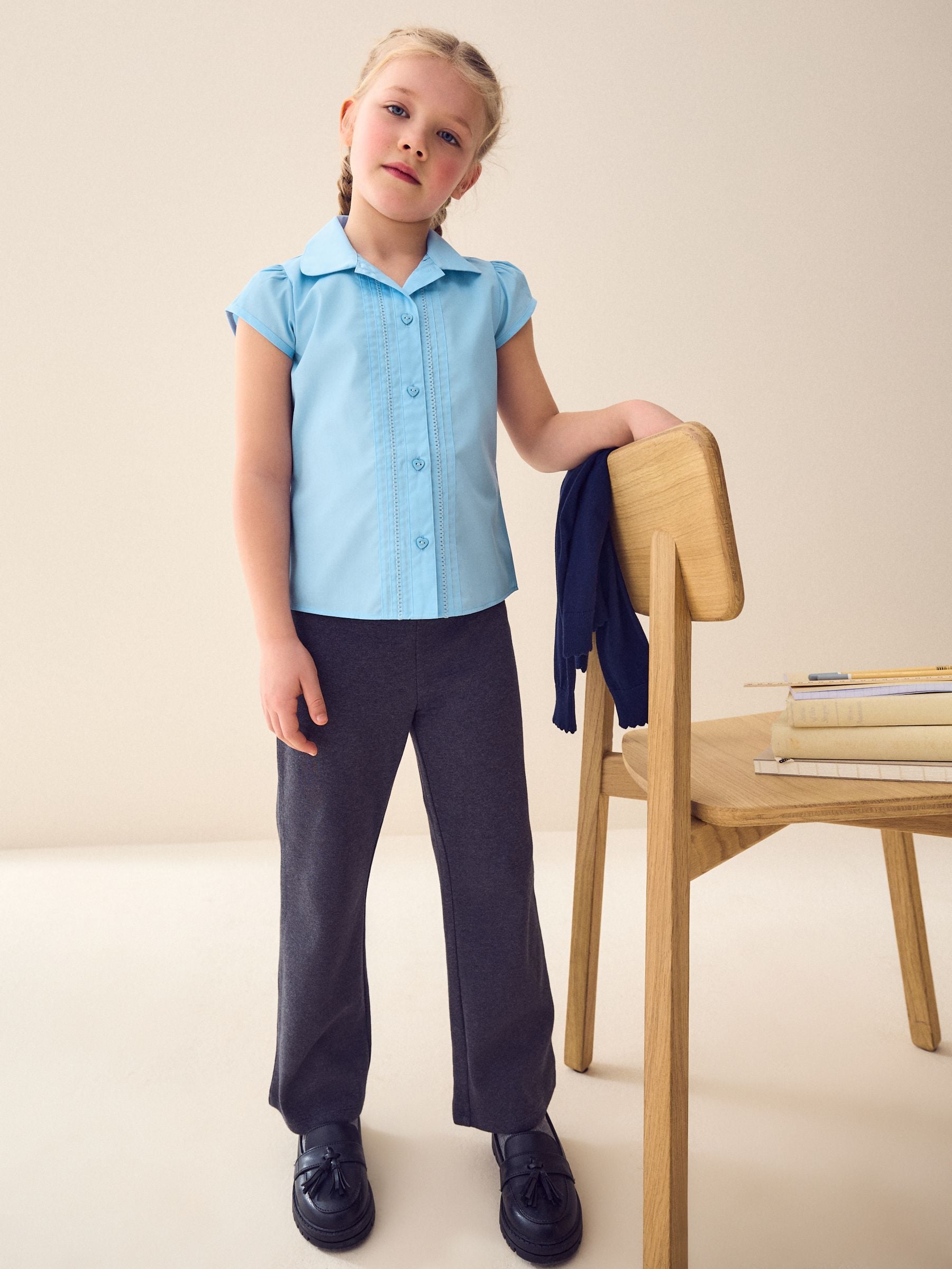 Blue Regular Fit Puff Sleeve Lace Trim School Blouse (3-14yrs)