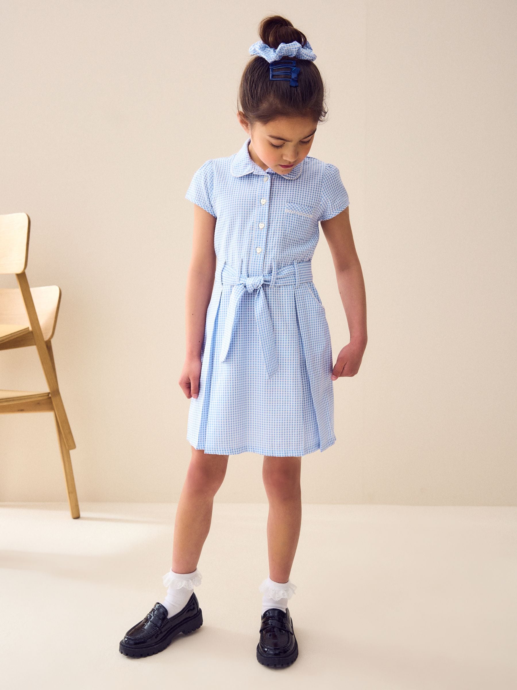 Blue Gingham Cotton Rich Belted School Dress with Scrunchie (3-14yrs)