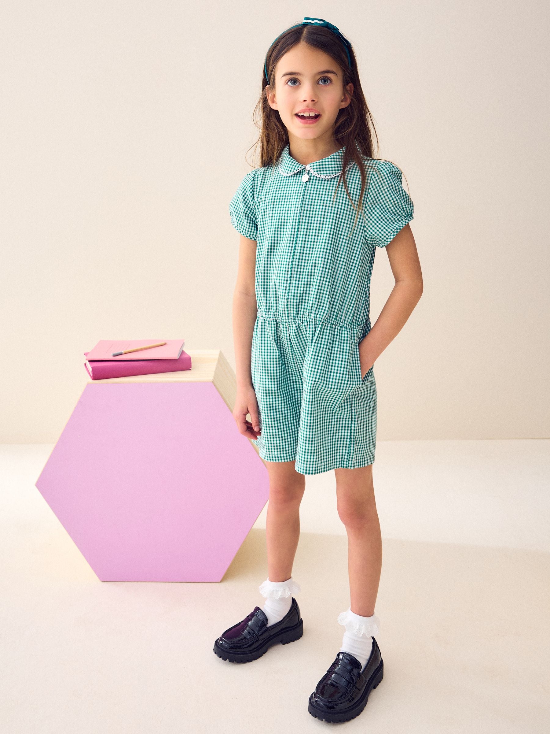 Green Zip Front Cotton Rich Gingham School Playsuit (3-14yrs)