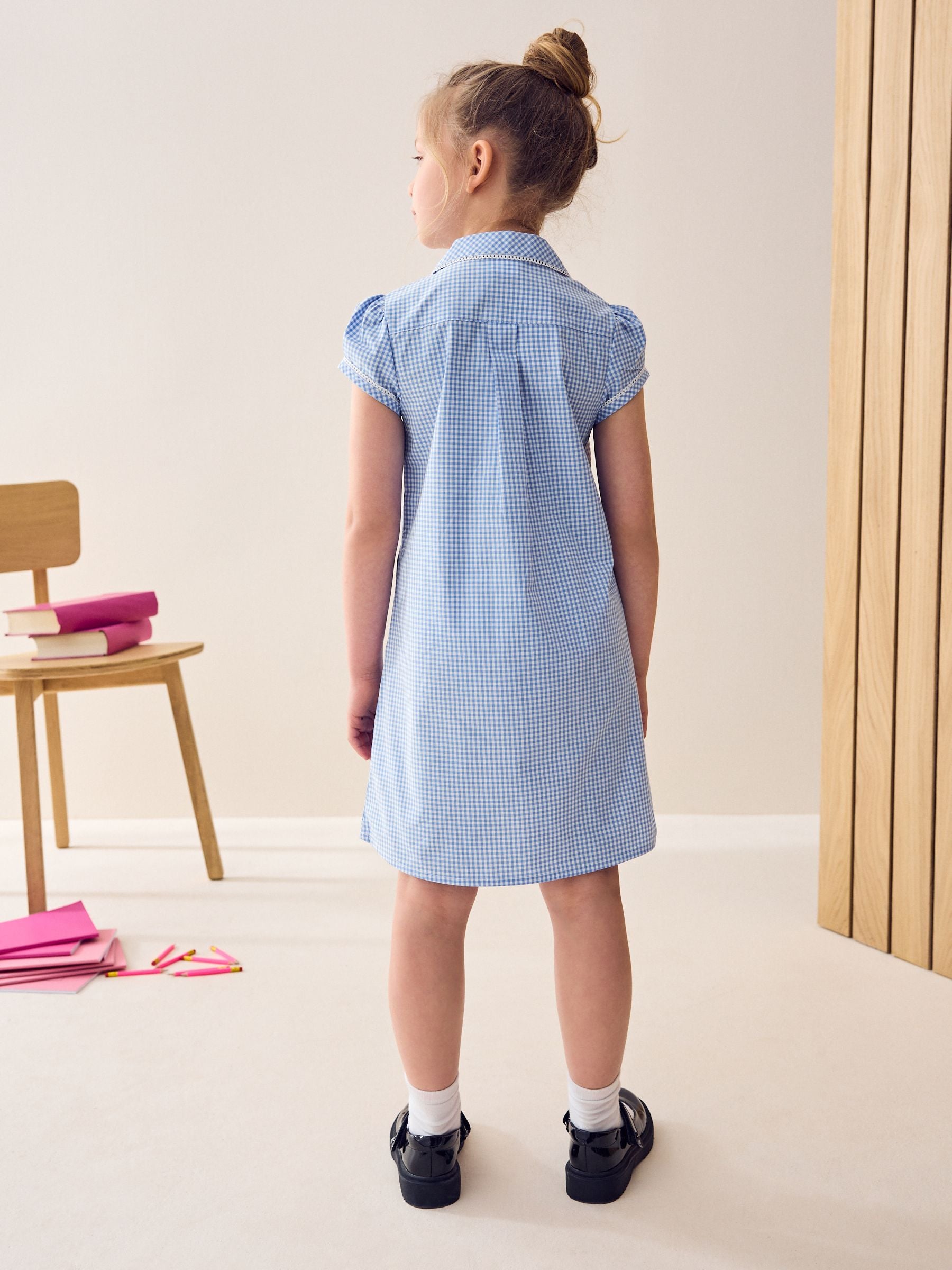 Blue Cotton Rich Button Front Lace Gingham School Dress (3-14yrs)