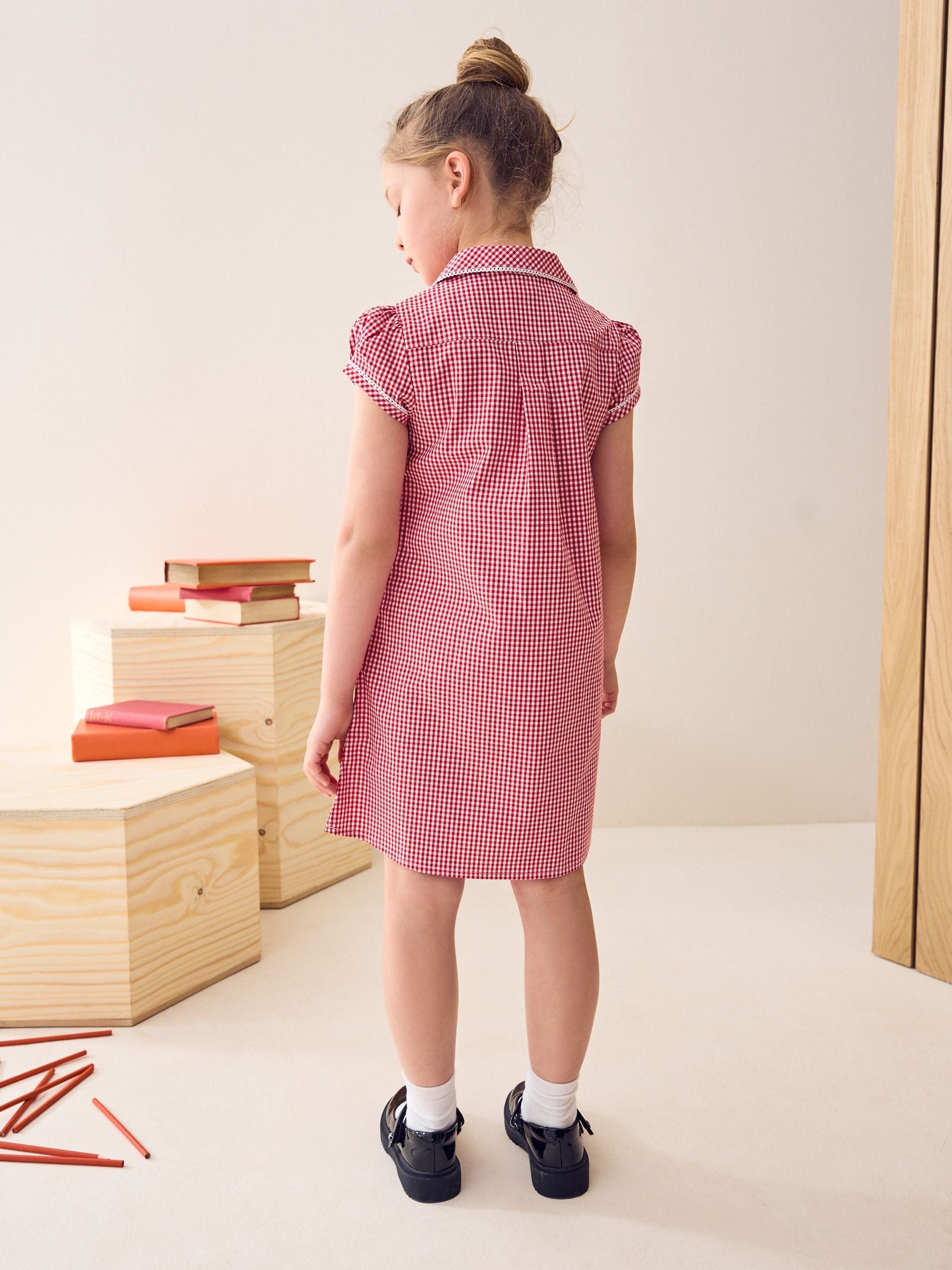 Red Cotton Rich Button Front Lace Gingham School Dress (3-14yrs)