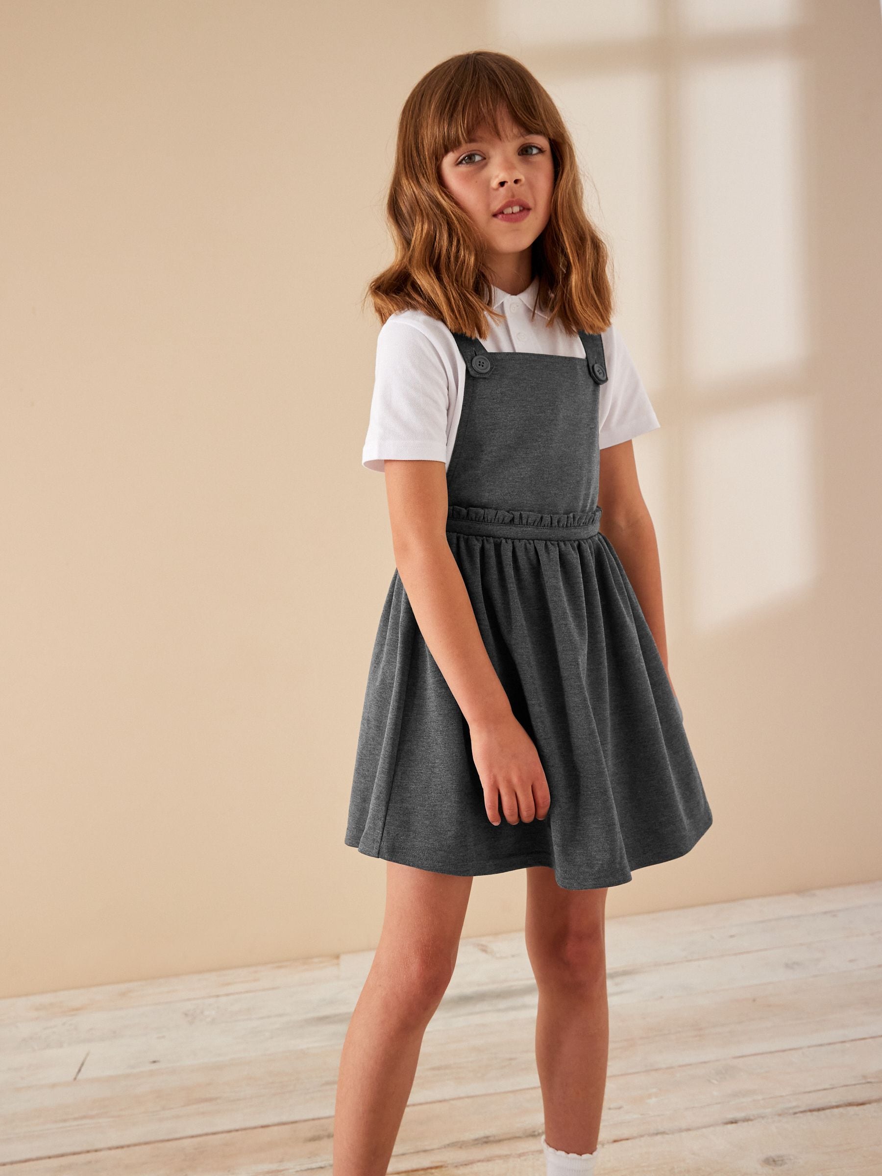 Grey Jersey Stretch Frill Detail School Pinafore (3-14yrs)