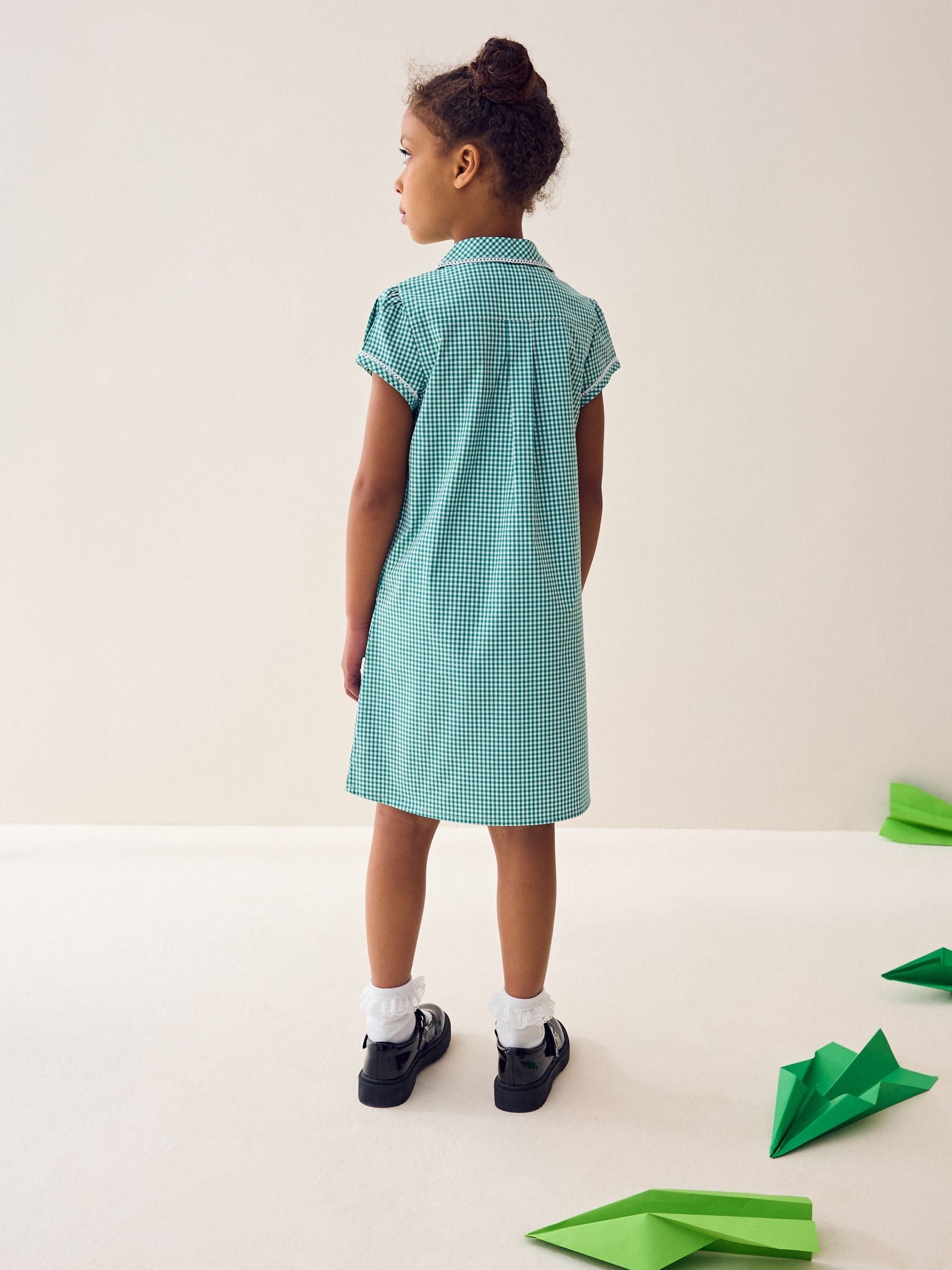 Green Cotton Rich Button Front Lace Gingham School Dress (3-14yrs)