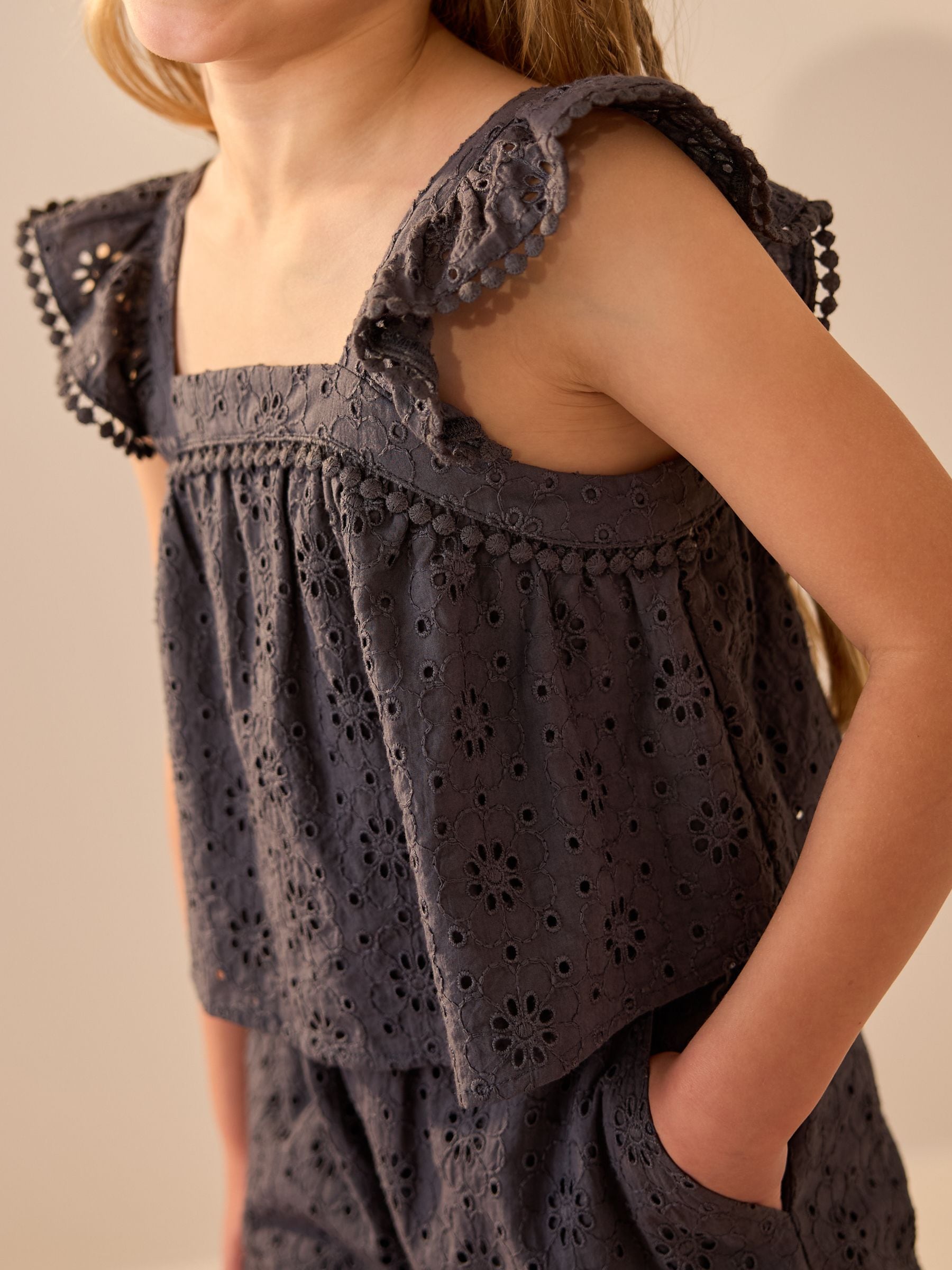 Charcoal Grey Broderie 100% Cotton Top and Trousers Set (3-16yrs)