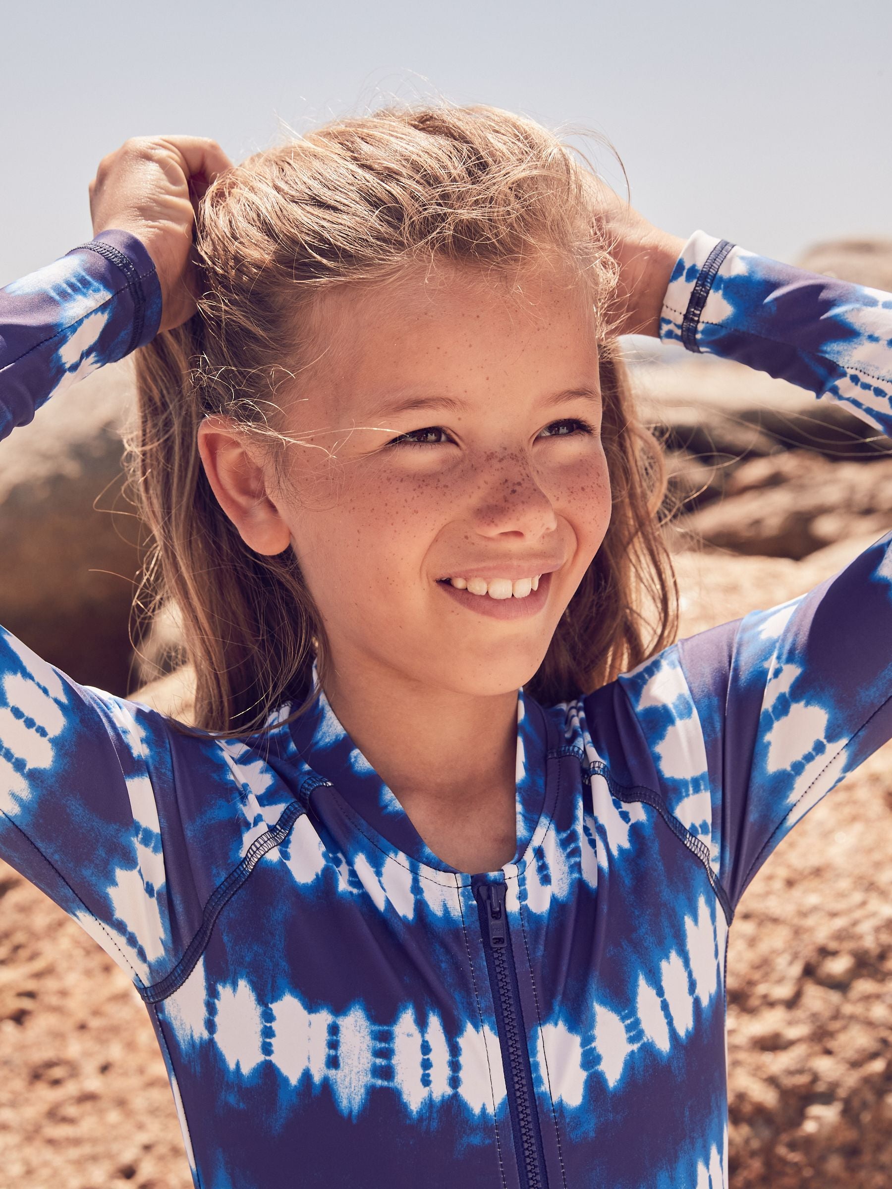 Blue/White Tie Dye Long Sleeved Sunsafe Swimsuit (3-16yrs)