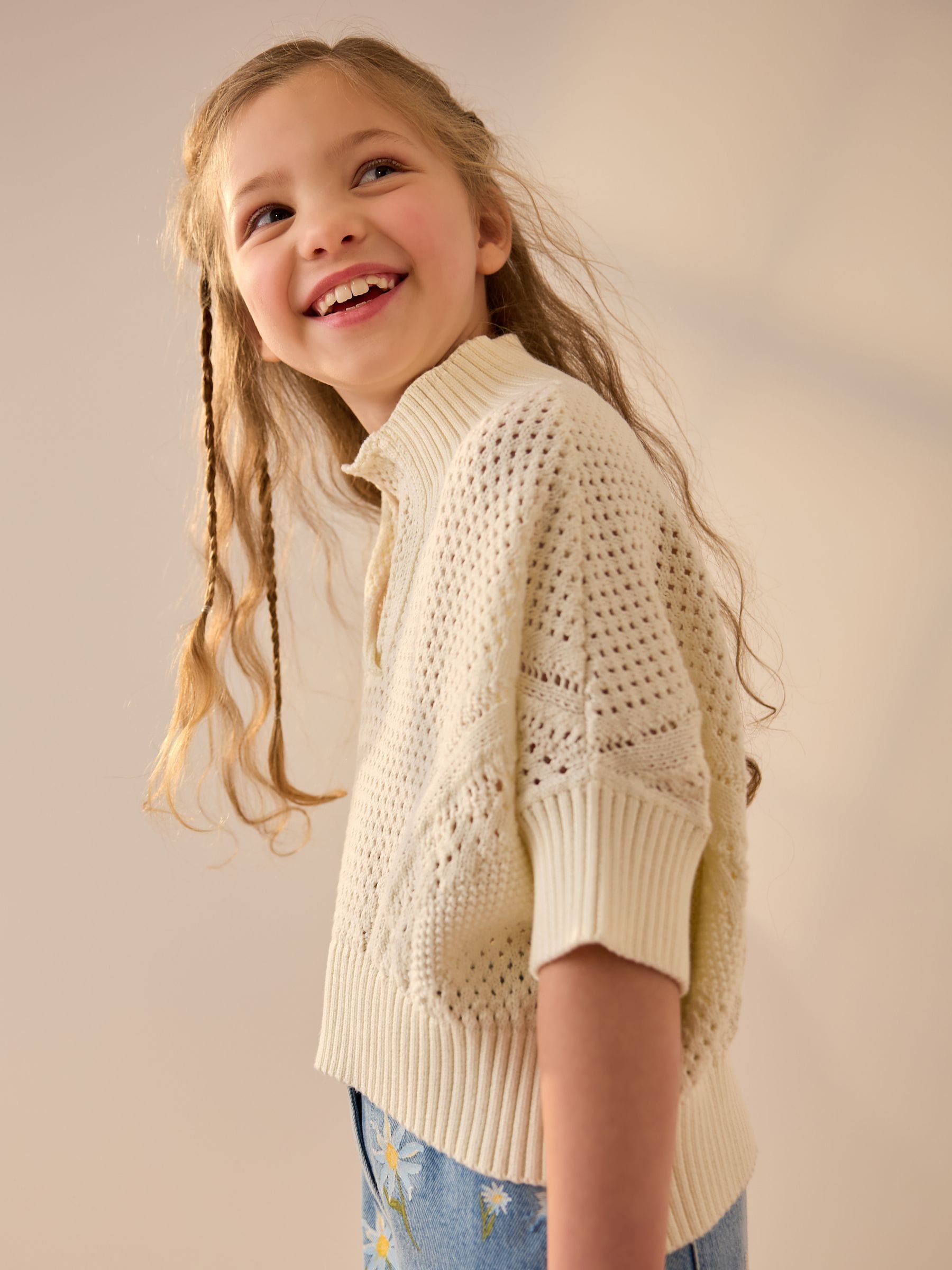 Ecru Short Sleeved Knitted Collar 100% Cotton Jumper (3-16yrs)