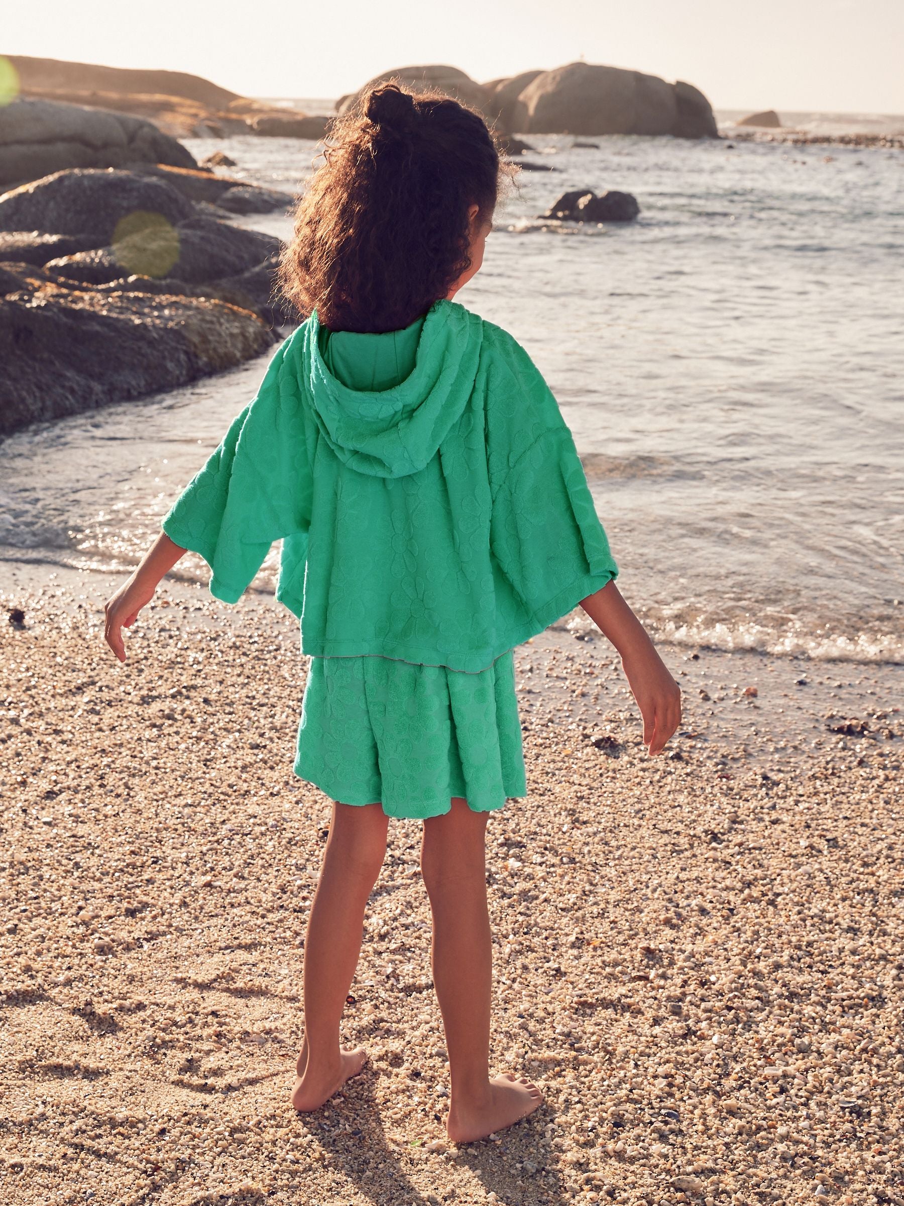 Green Flower Towelling Beach Co-Ord Hoodie And Shorts Set (3-16yrs)