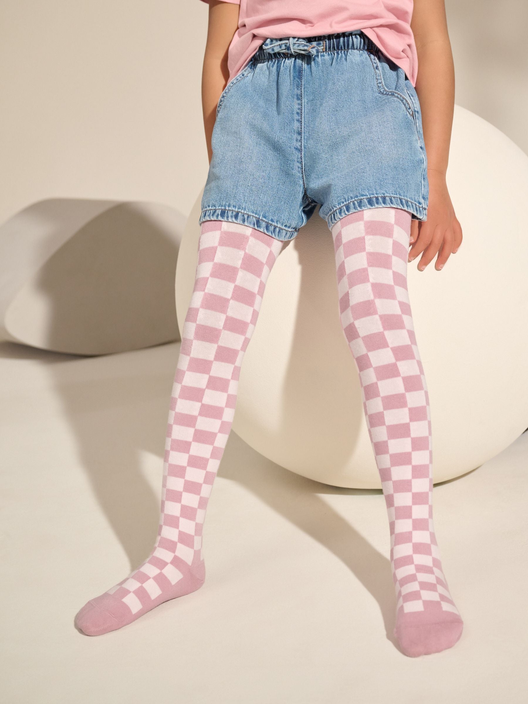 Pink Cotton Rich Checkerboard Tights