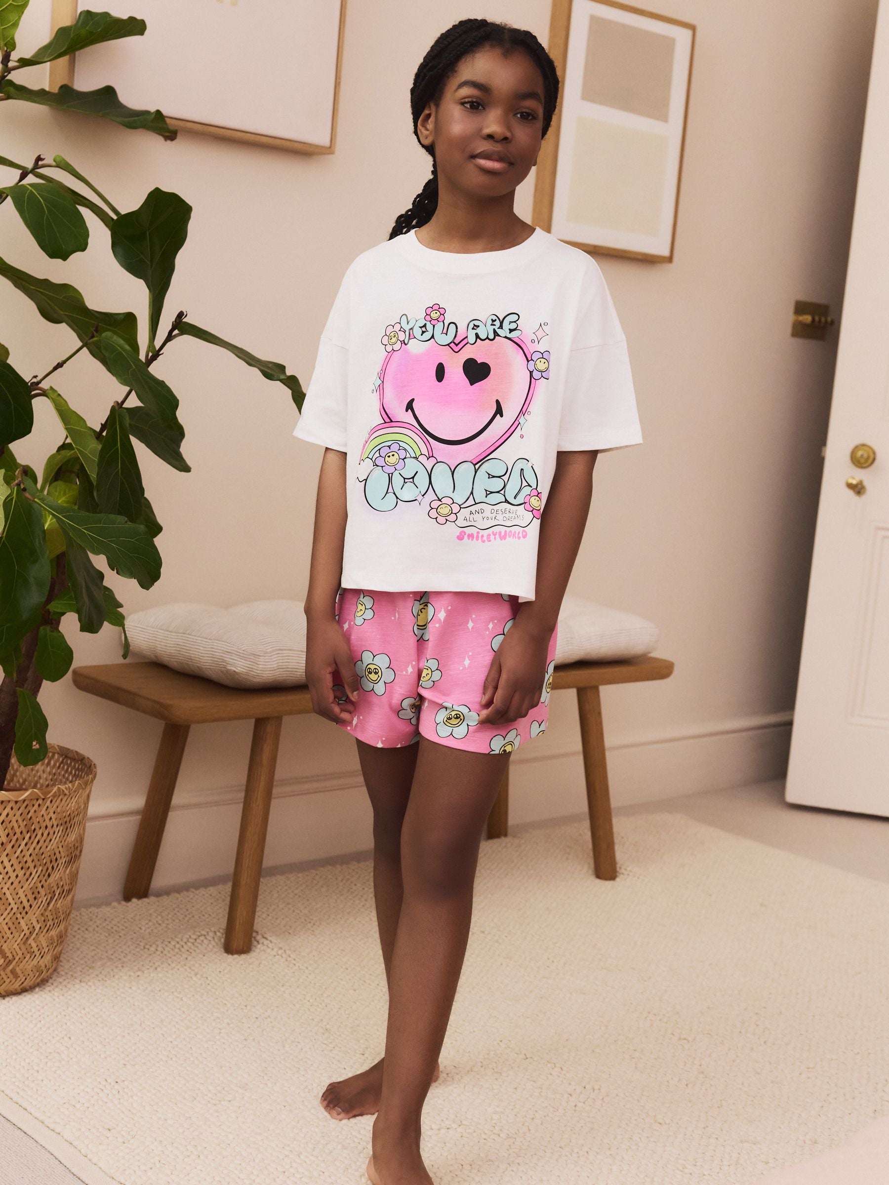 Pink/White 100% Cotton Smiley World Licence Short Pyjamas (3-16yrs)