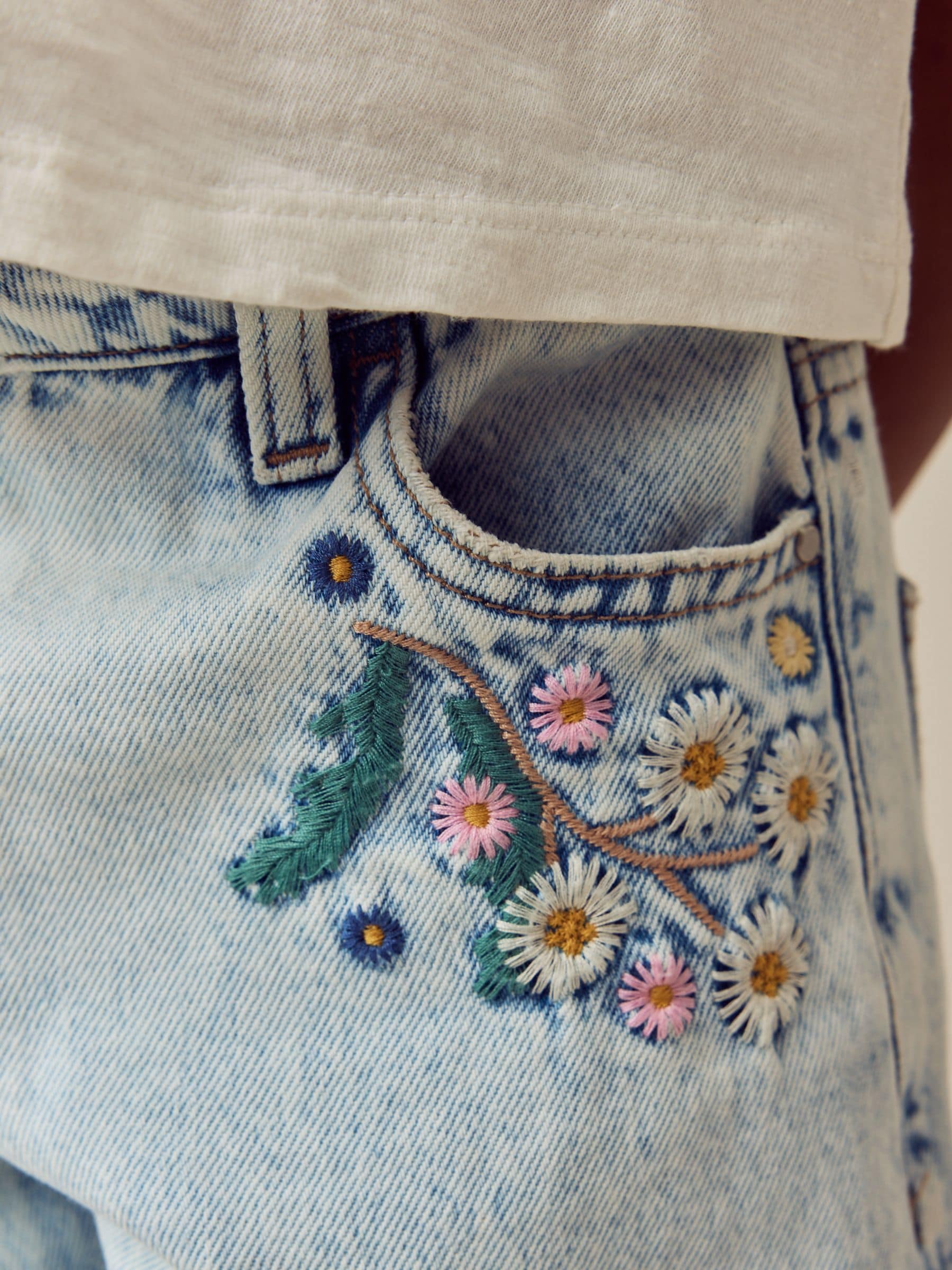 Light Blue Denim 100% Cotton Flower Embroidered Barrel Jeans (3-16yrs)