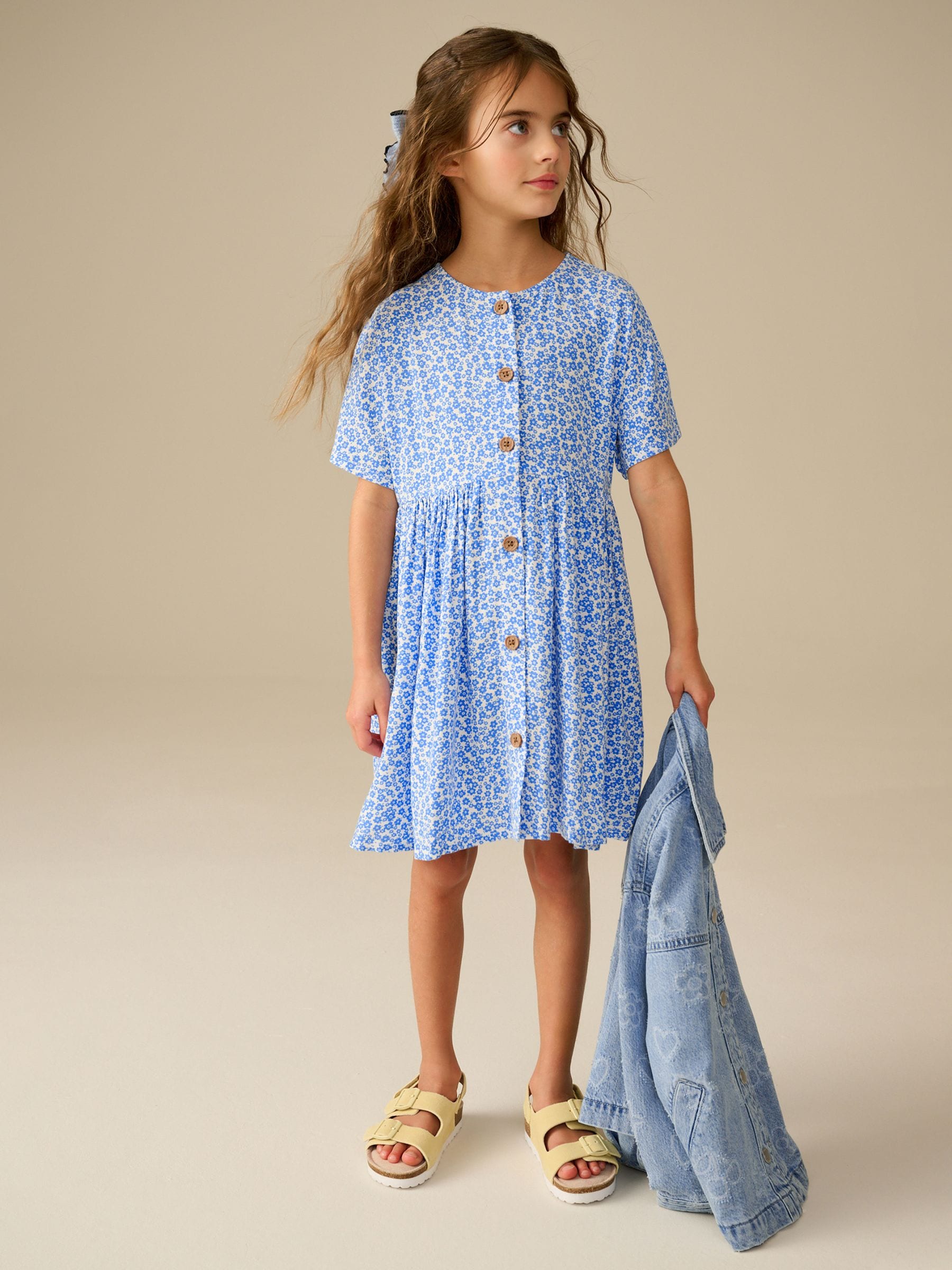 Blue Ditsy Button Summer Dress (3-16yrs)