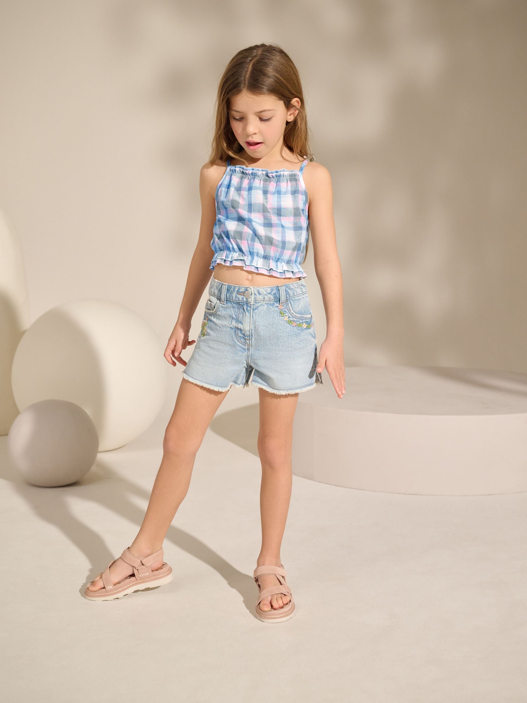 Blue and Pink Check 100% Cotton Camisole Top (3-16yrs)