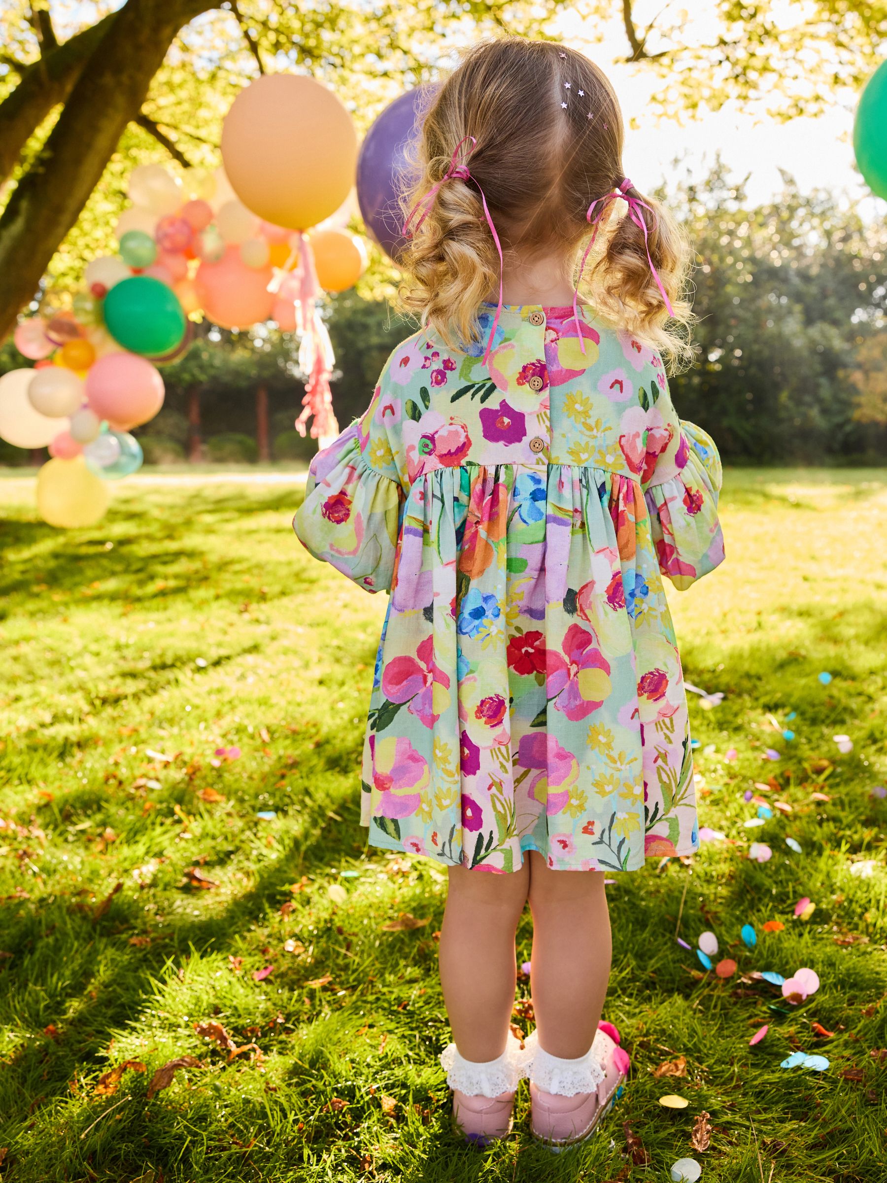 Green Floral Shirred Puff Sleeve Summer Dress (3mths-8yrs)