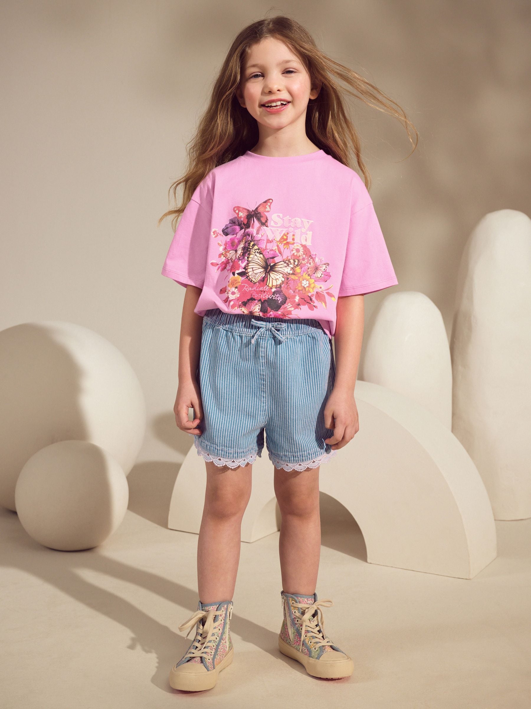 Pink/Blue Butterfly 100% Cotton T-Shirt And Denim Short Set (3-16yrs)