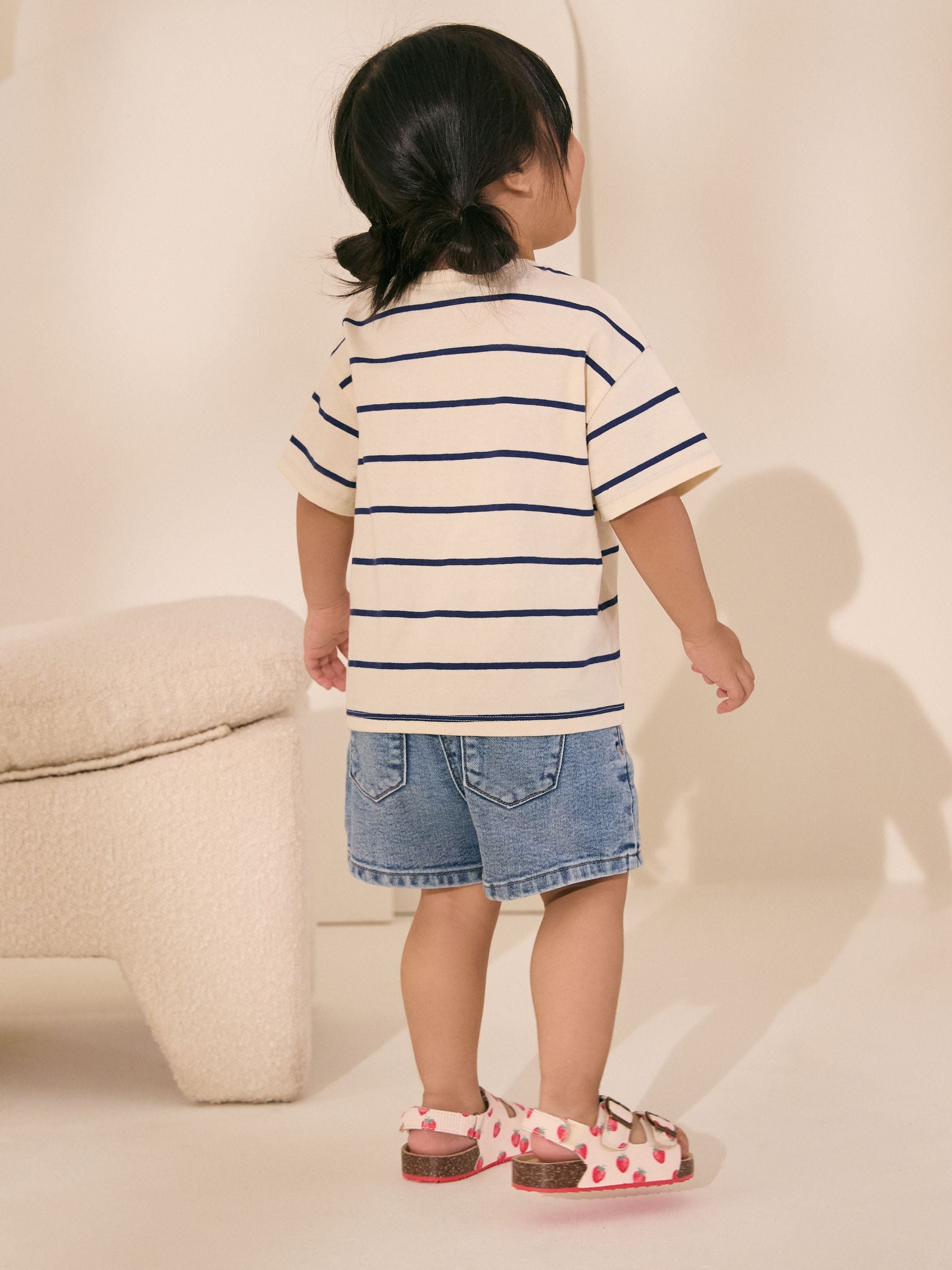 Cream/Navy Stripe Strawberry 100% Cotton Short Sleeve Bag T-Shirt (3mths-7yrs)