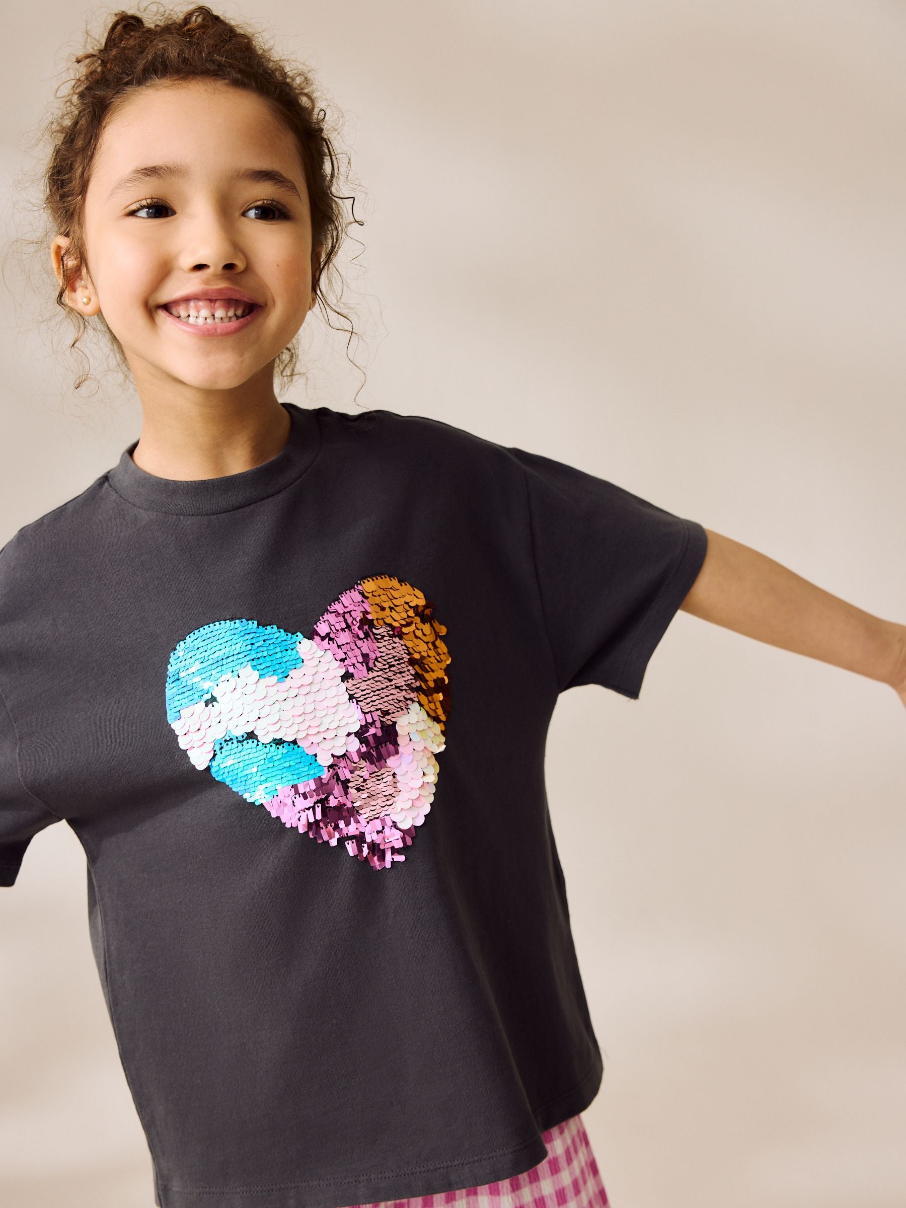 Charcoal Grey Sequin Heart Print T-Shirt (3-16yrs)