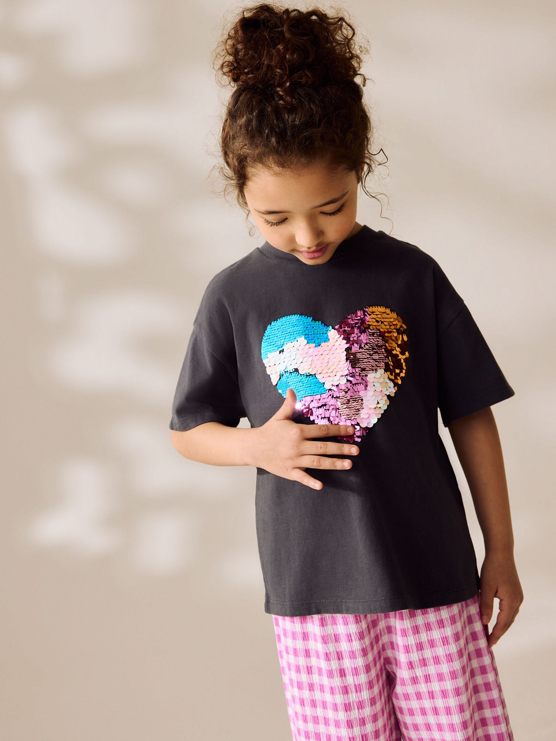 Charcoal Grey Sequin Heart Print T-Shirt (3-16yrs)