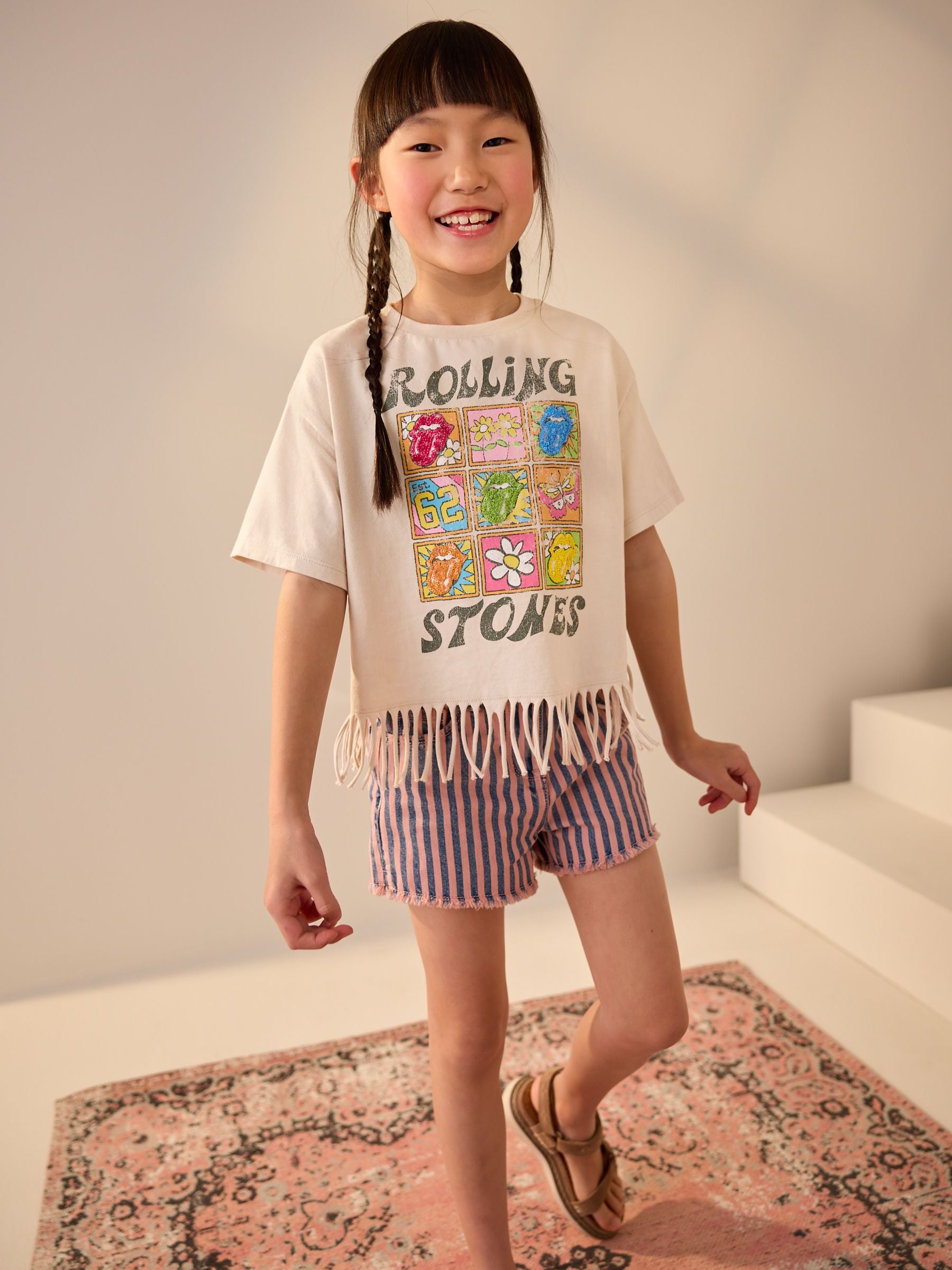 Neutral 100% Cotton Sequin Rolling Stones Fringe T-Shirt (3-16yrs)