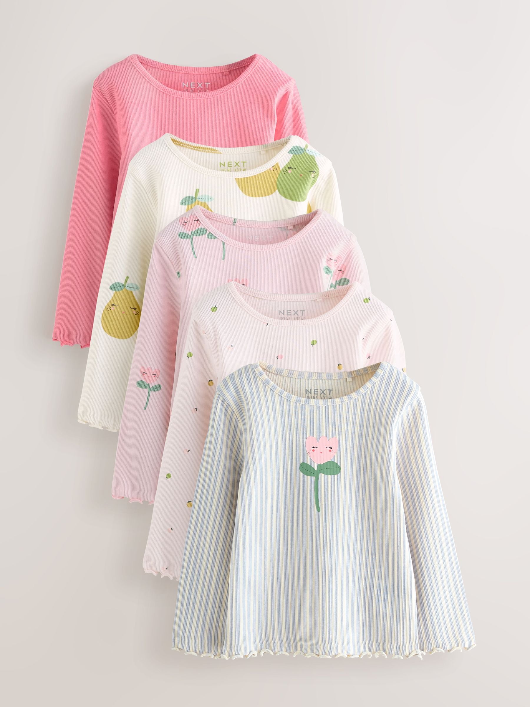 Light Pink Ribbed Long Sleeve Tops 5 Pack (3mths-7yrs)