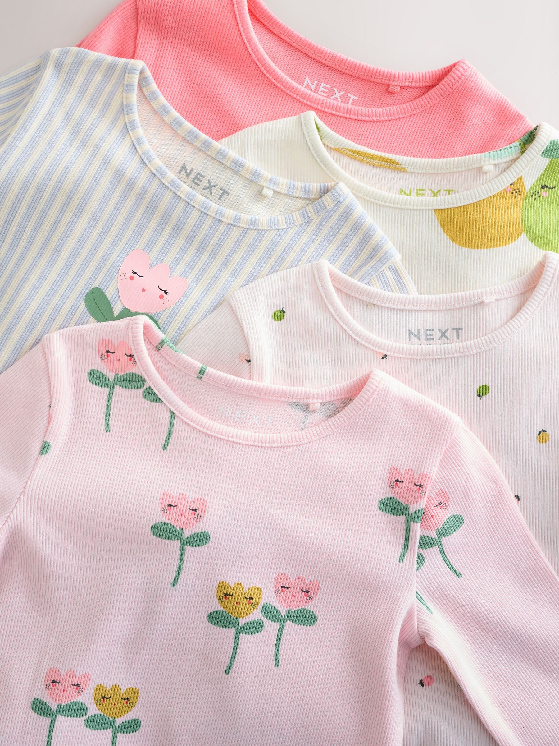Light Pink Ribbed Long Sleeve Tops 5 Pack (3mths-7yrs)