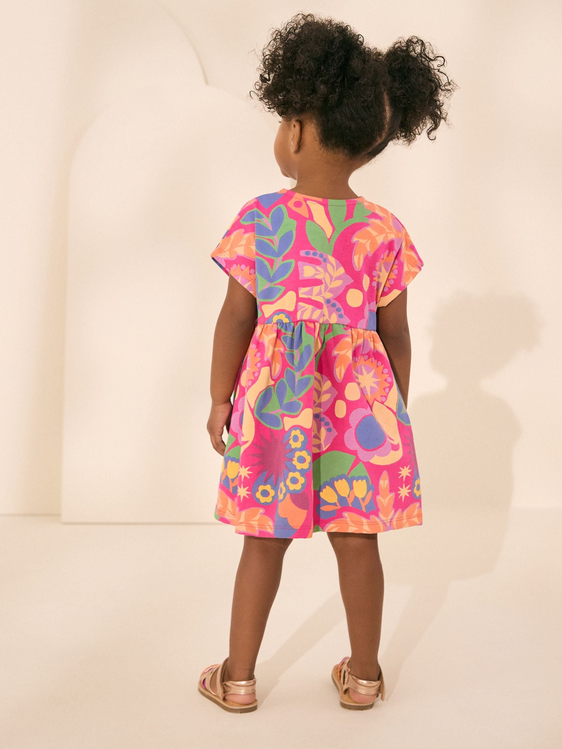 Pink Tropical Print Short Sleeve Jersey Summer Dress (3mths-7yrs)