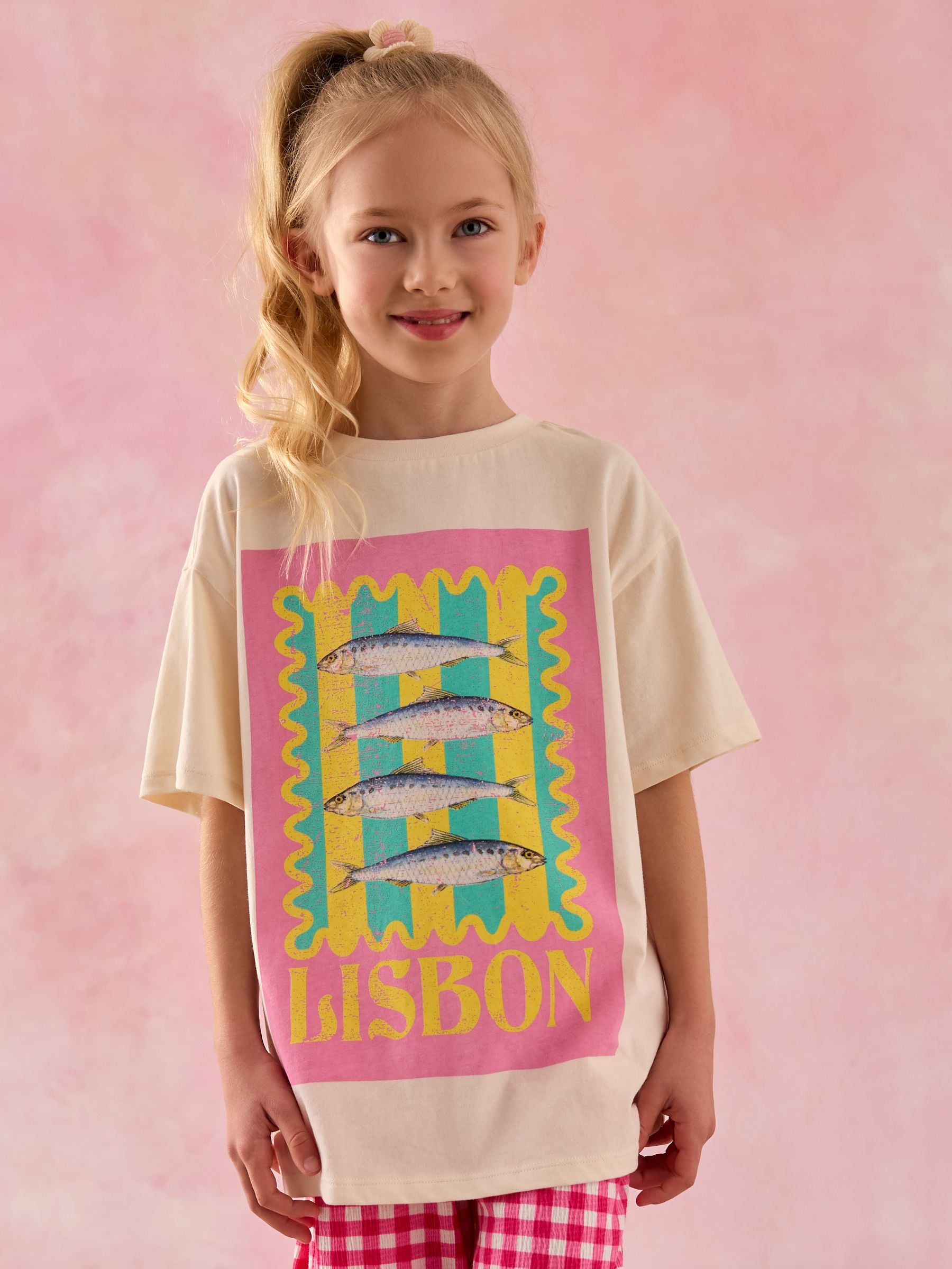 Pink Graphic T-Shirt And Wide Leg Gingham Trousers Set (3-16yrs)