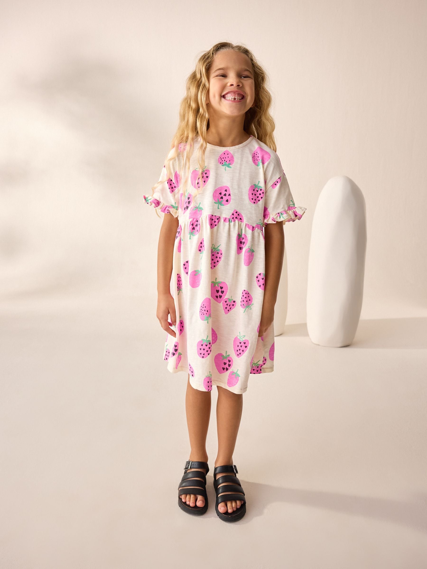 Pink Strawberry Short Sleeve Jersey Summer Dress (3-16yrs)