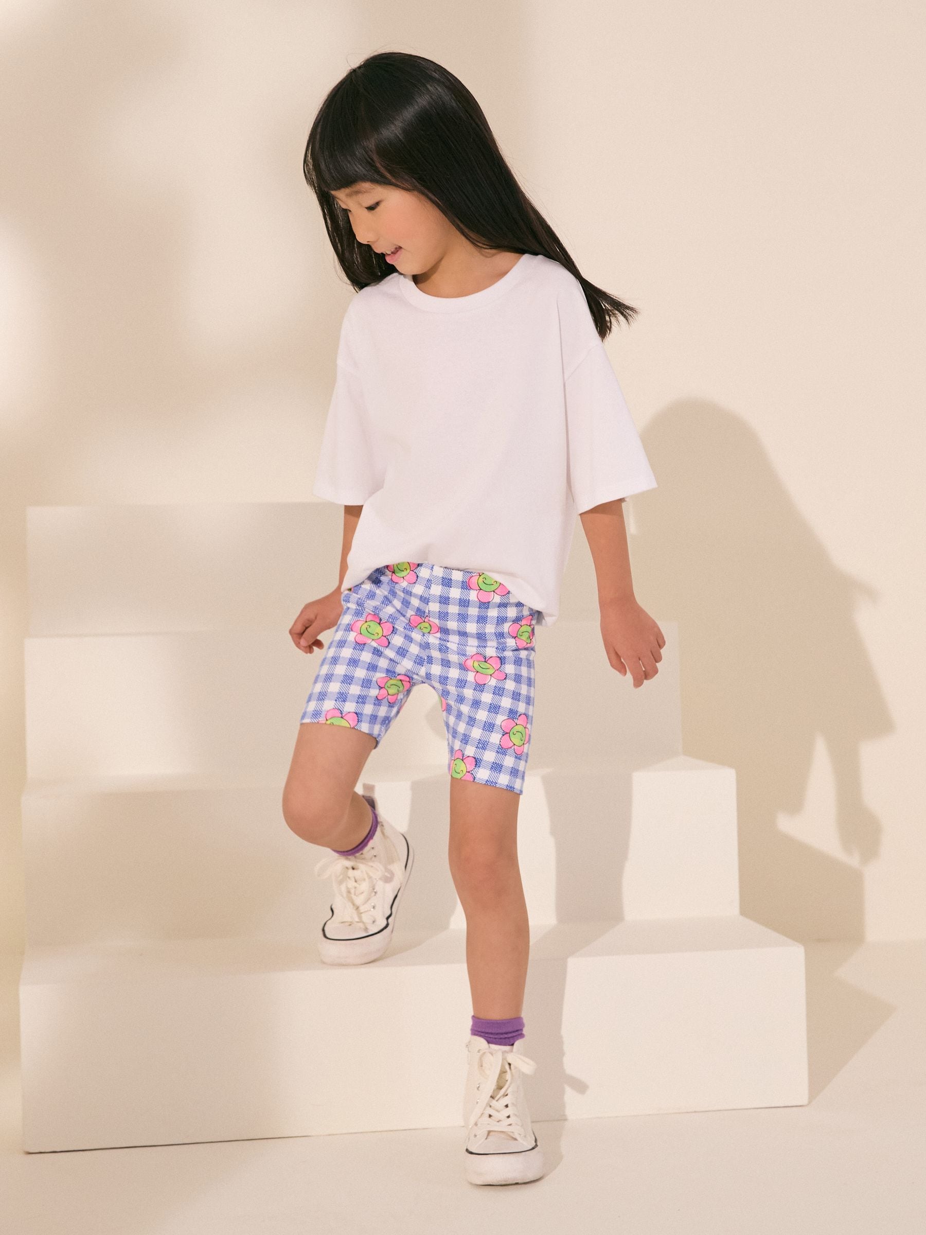 Blue Gingham Flower Cycle Shorts (3-16yrs)