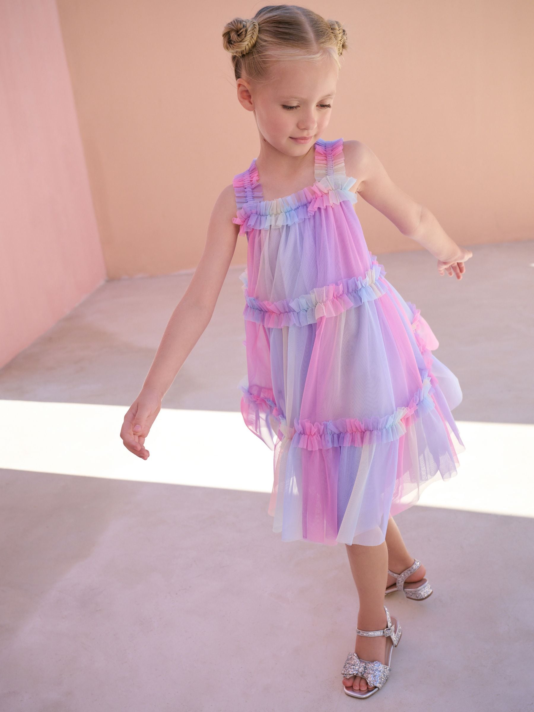 Rainbow Pink Tiered Strappy Mesh Dress (3-16yrs)