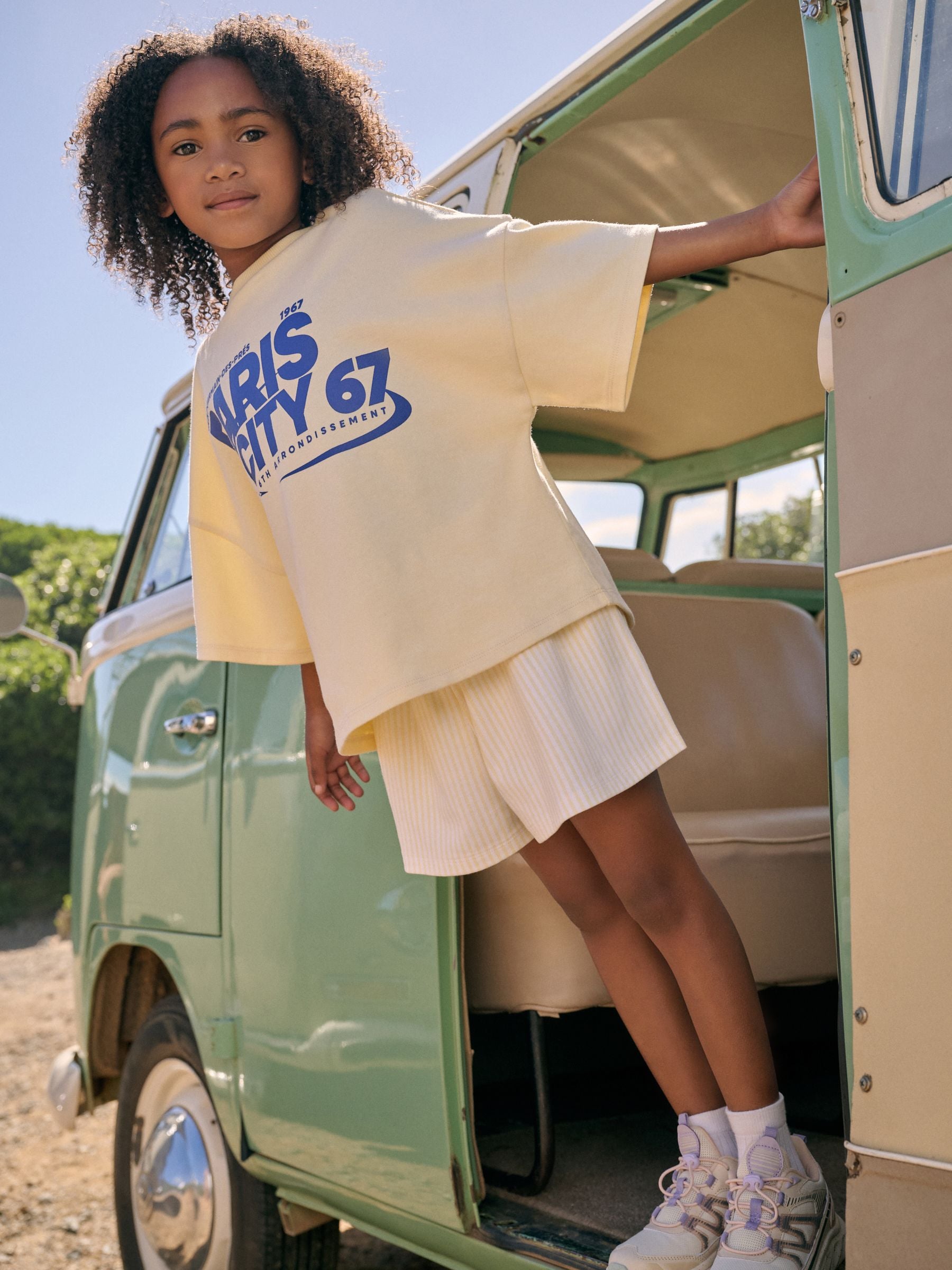 Ecru/Yellow Stripe Slogan 100% Cotton T-Shirt And Short Set (3-16yrs)