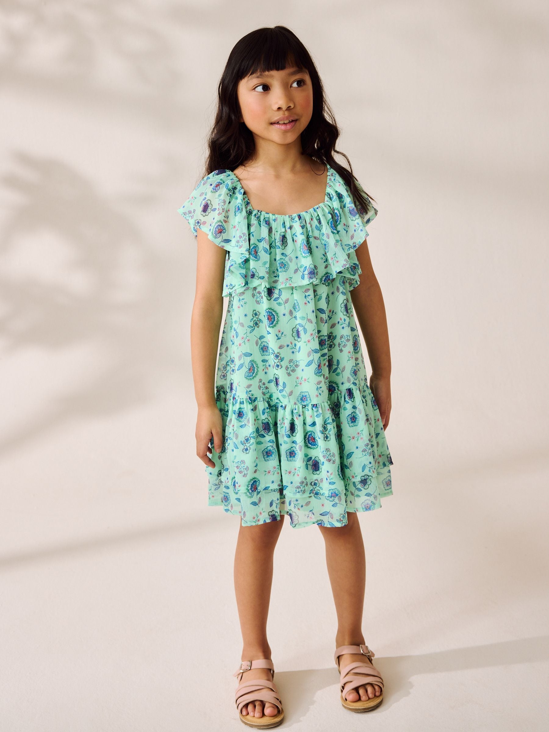 Green Floral Frill Summer Dress (3-16yrs)