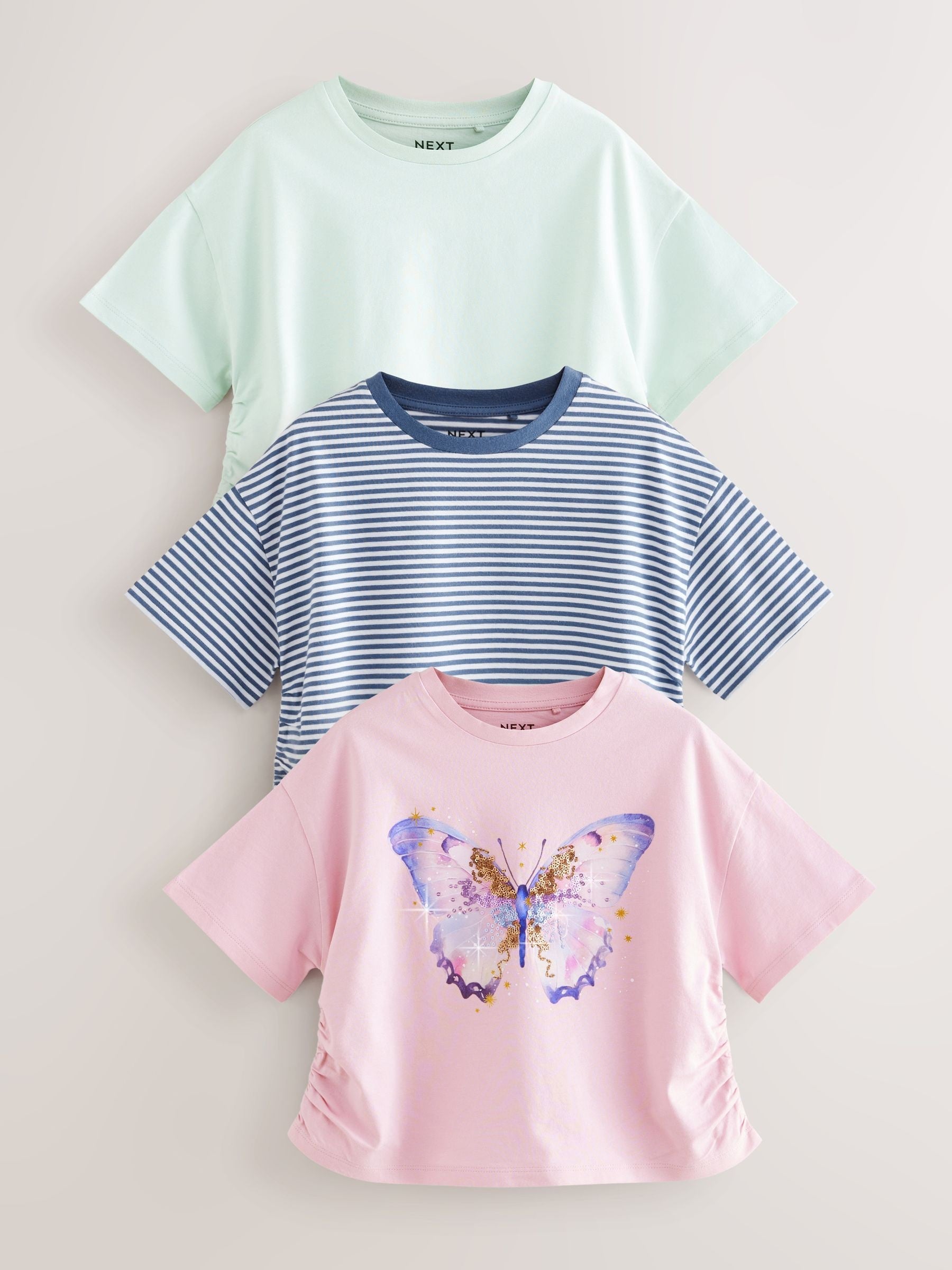 Purple/Aqua Sequin Butterfly Ruche Hem Side T-Shirts 3 Pack (3-16yrs)