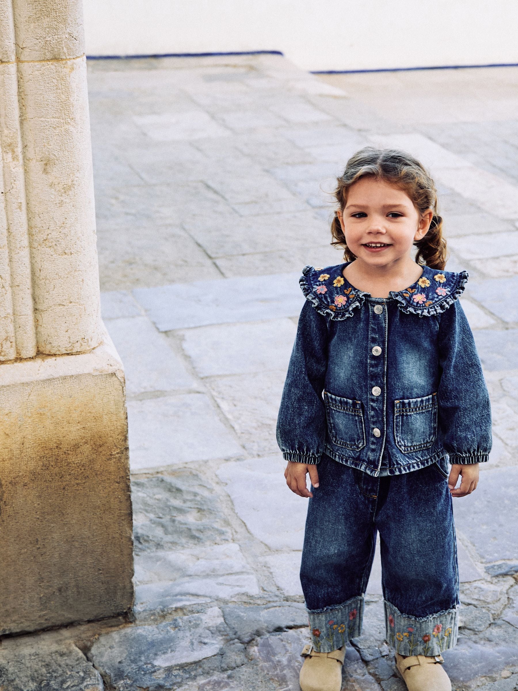 Denim Floral Embroidered Wide Leg Jeans And Jacket Set (3mths-7yrs)