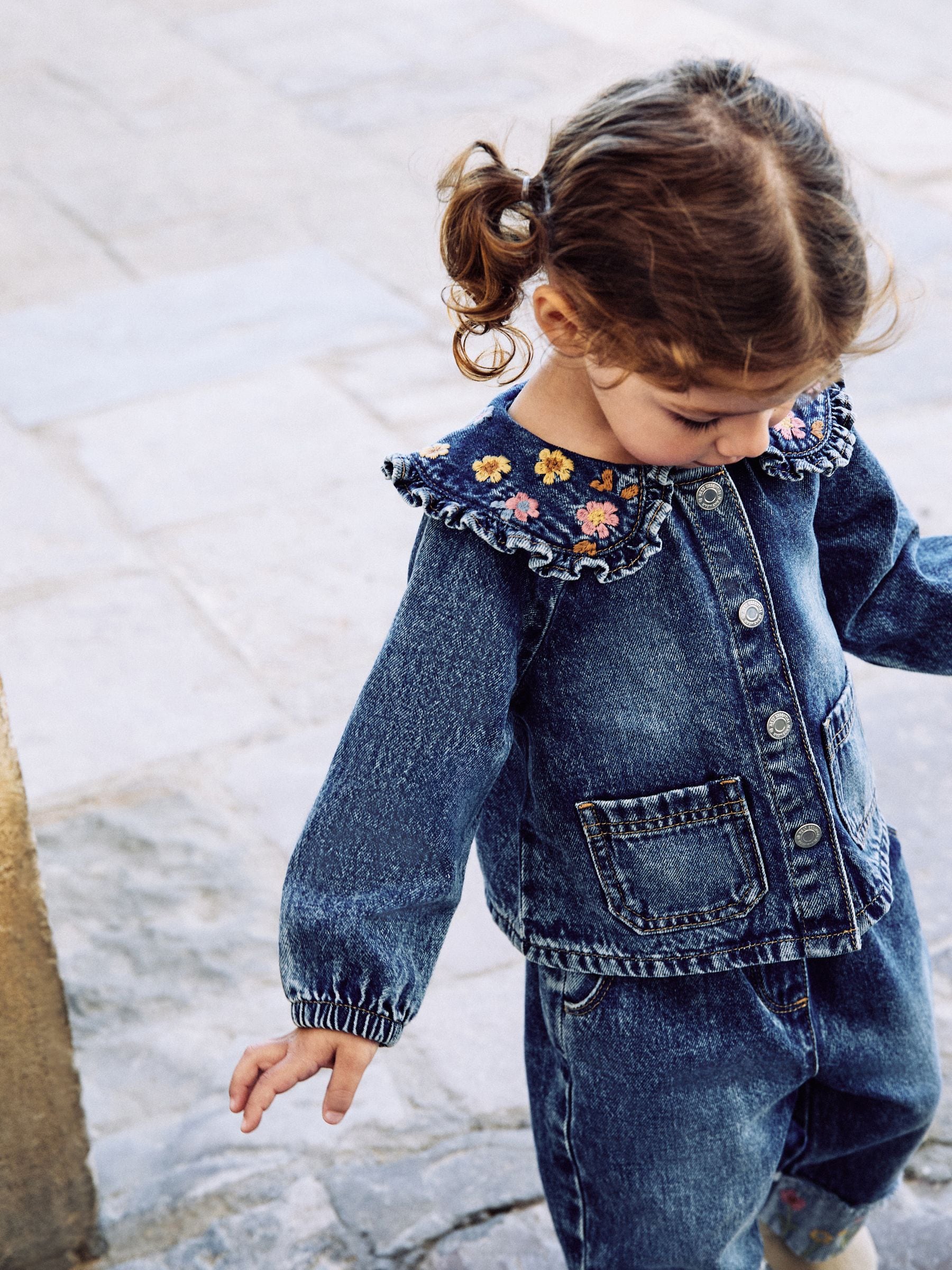 Denim Floral Embroidered Wide Leg Jeans And Jacket Set (3mths-7yrs)