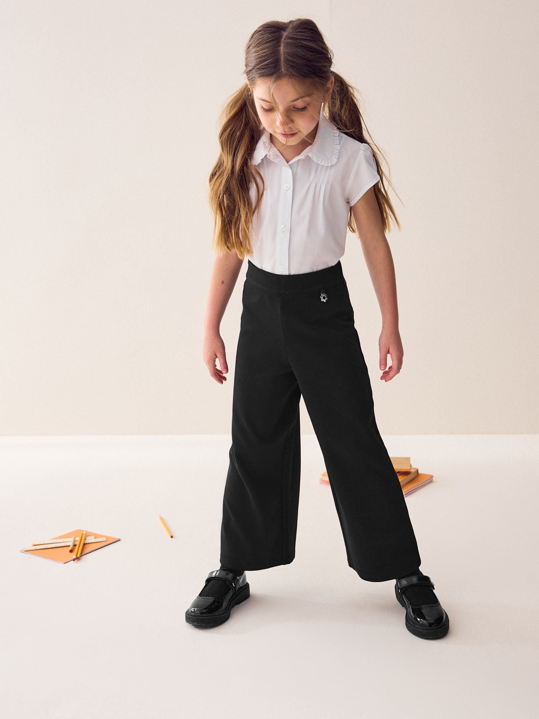Black Pull-On Cotton Rich Jersey Stretch Wide Leg Trousers (3-17yrs)