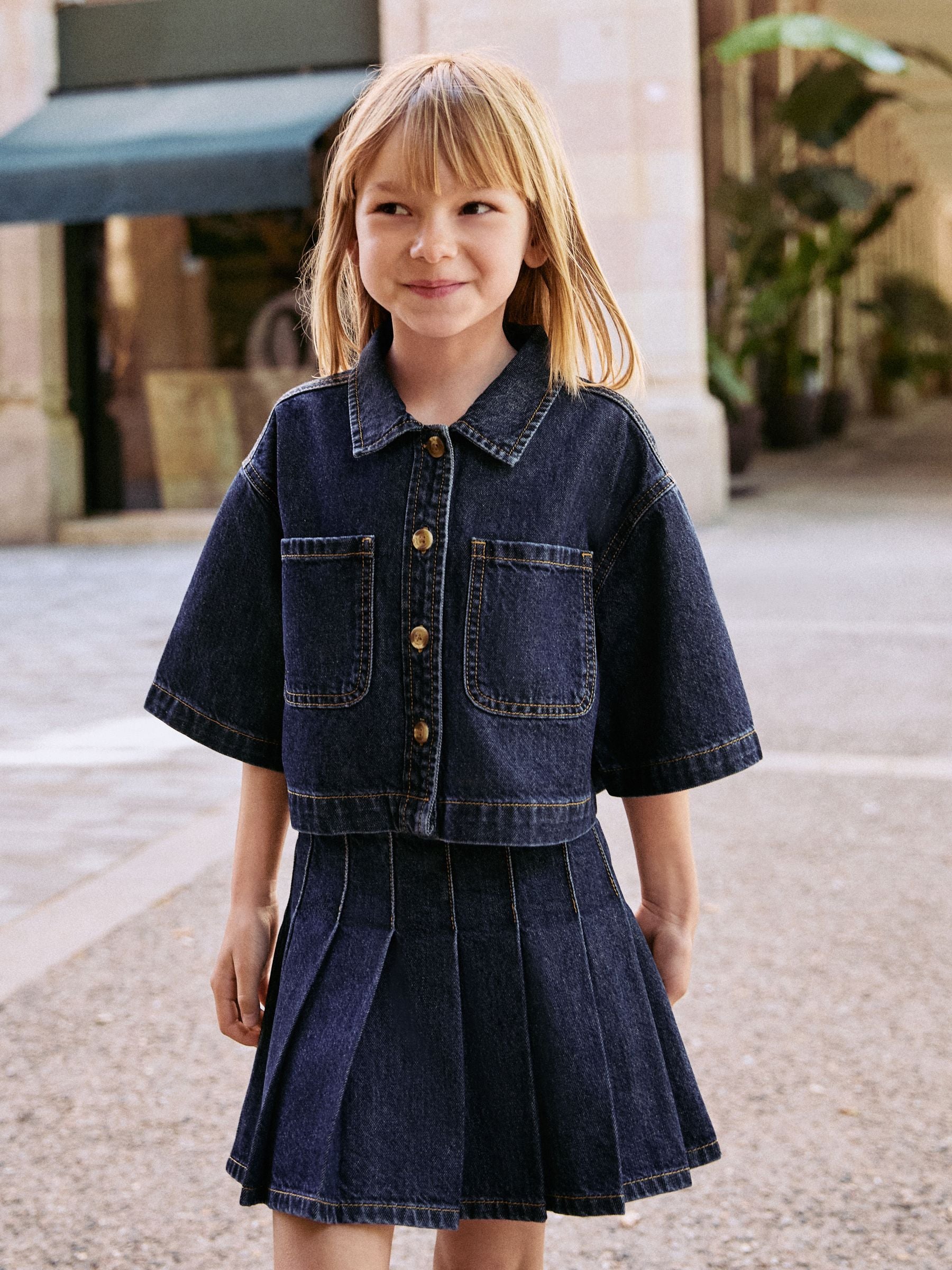 Dark Wash Denim Shirt and Pleated Skirt Set (3-16yrs)