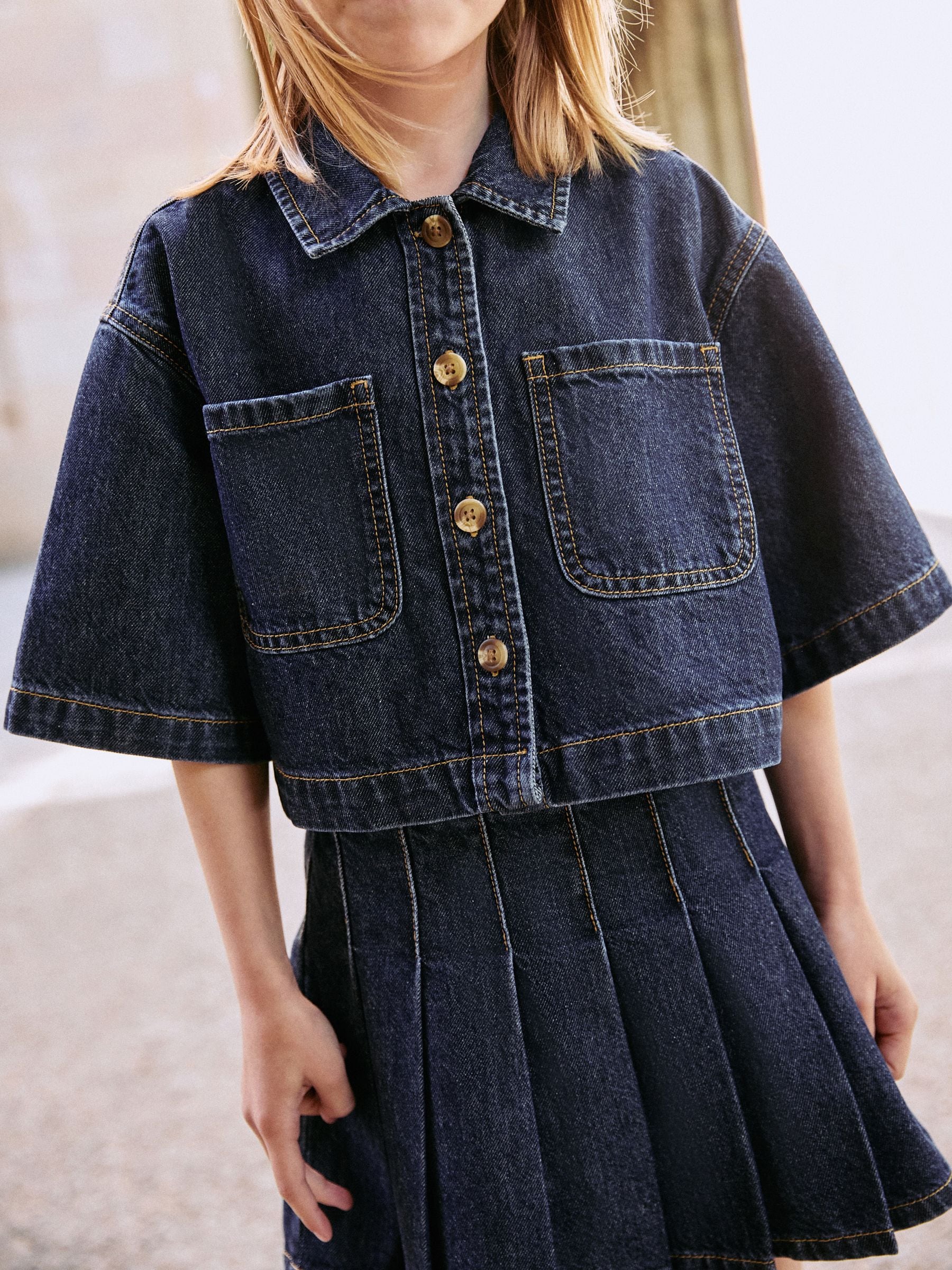 Dark Wash Denim Shirt and Pleated Skirt Set (3-16yrs)