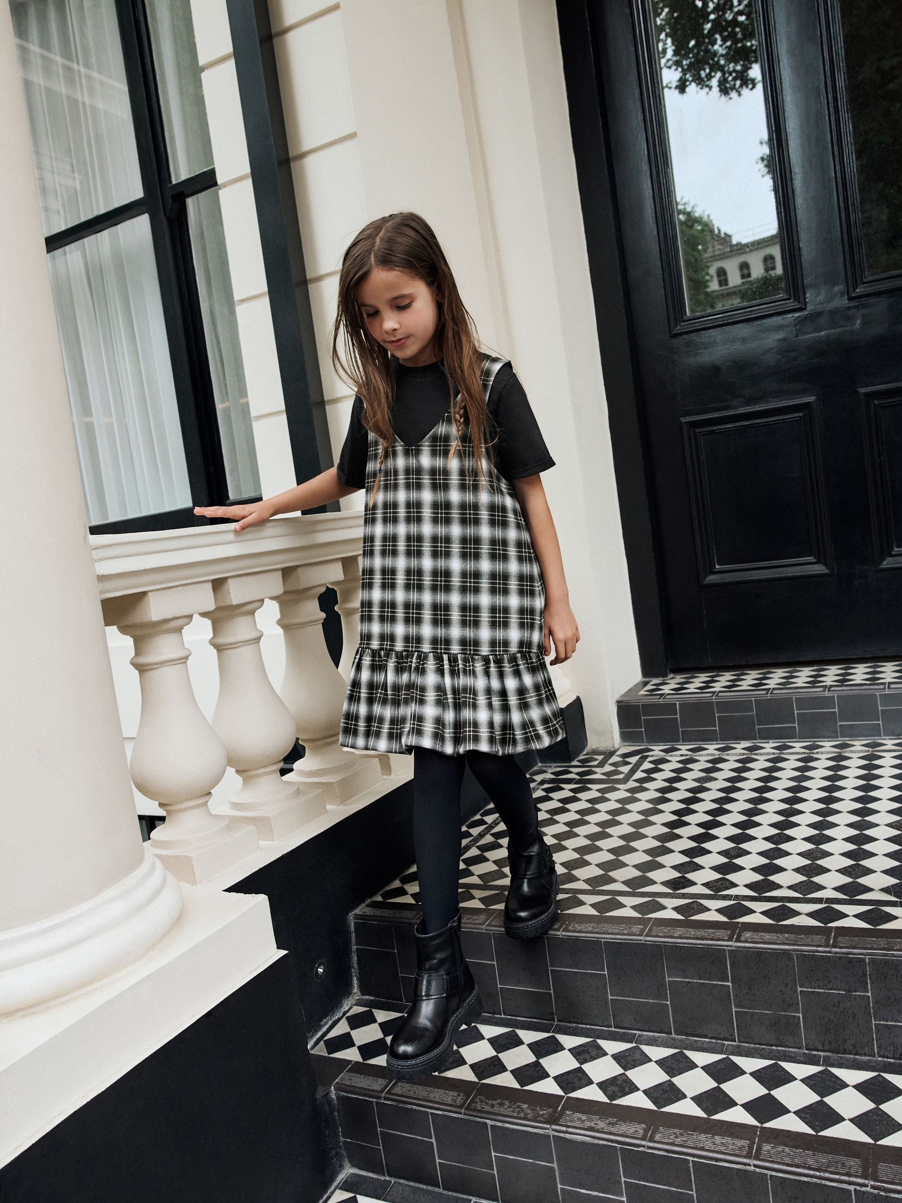 Black/White Check Ruffle Hem Pinafore and T-Shirt Set (3-16yrs)