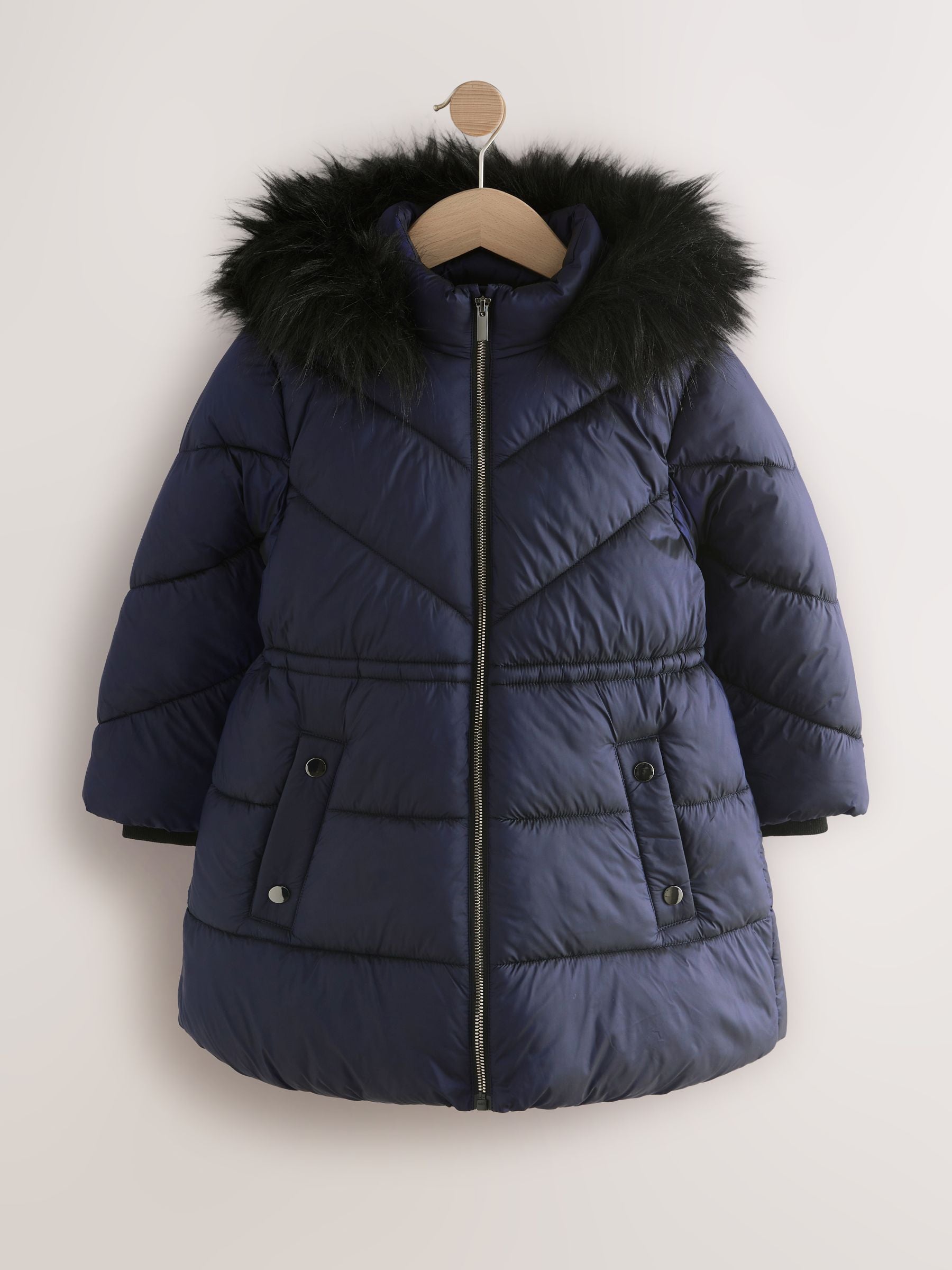 Navy Shower Resistant Faux Fur Trim Padded Coat (3-16yrs)