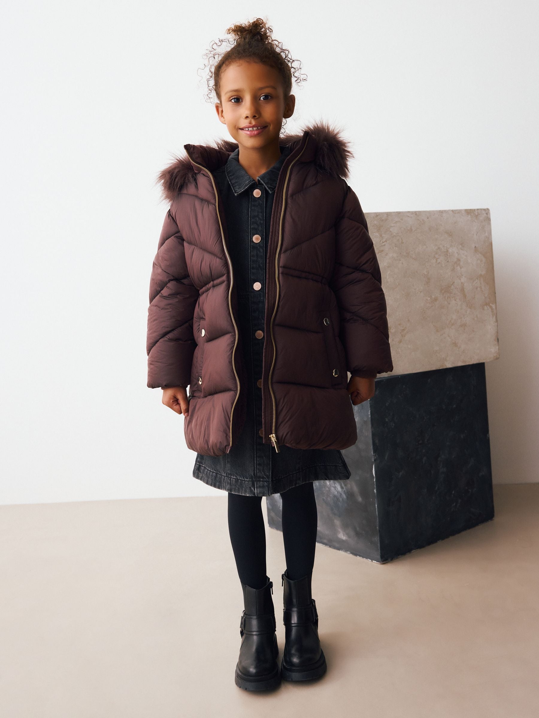 Chocolate Brown Shower Resistant Faux Fur Trim Padded Coat (3-16yrs)