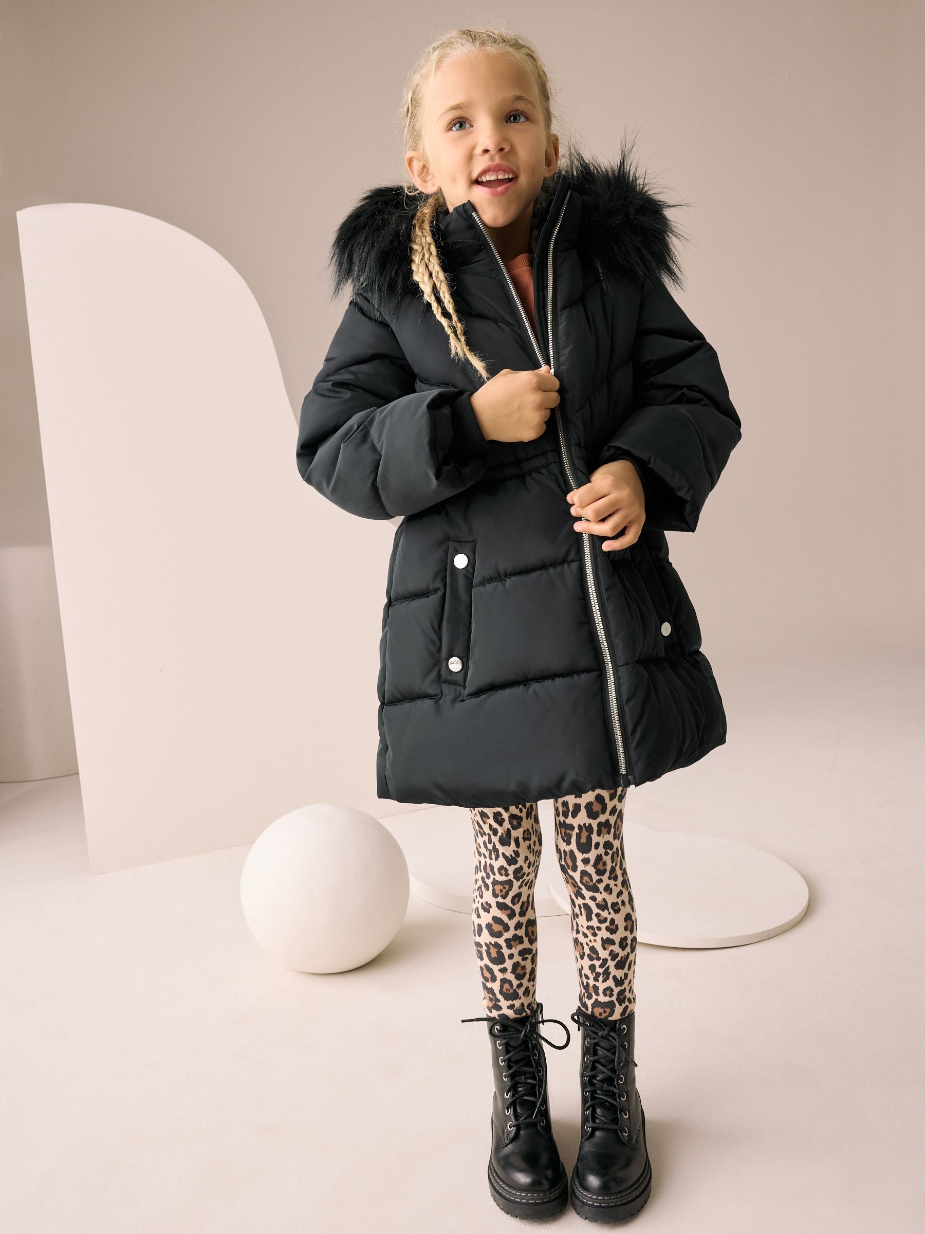 Black Shower Resistant Faux Fur Trim Padded Coat (3-16yrs)