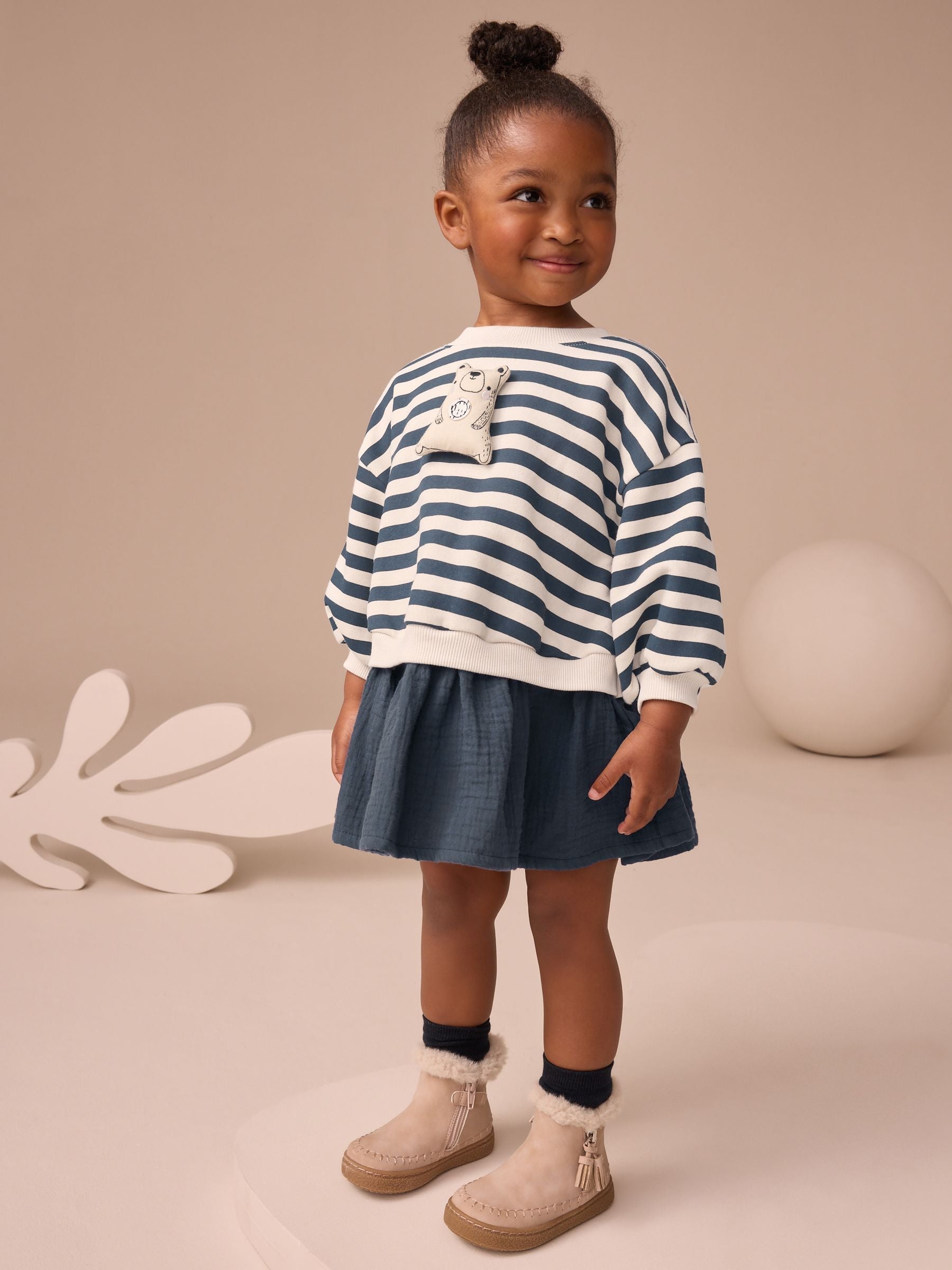 Navy Striped Mesh Skirt Sweat Dress (3mths-7yrs)